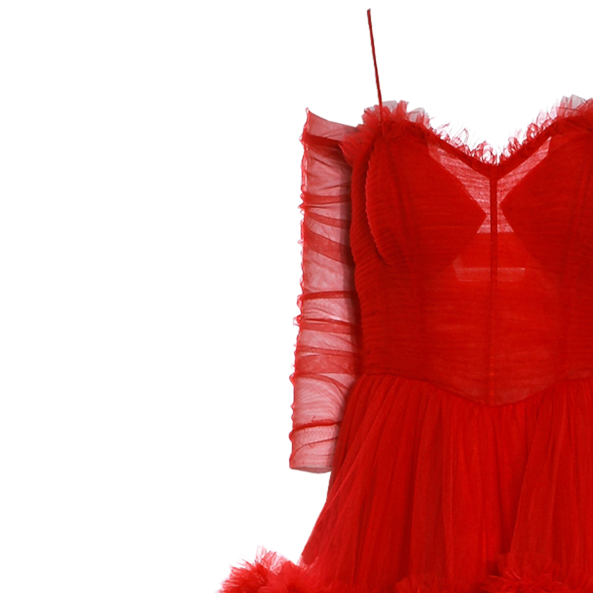 Red sheer tulle dress with a ruffled V-neckline, structured bodice with visible cups, long ruched sleeves, and a voluminous r
