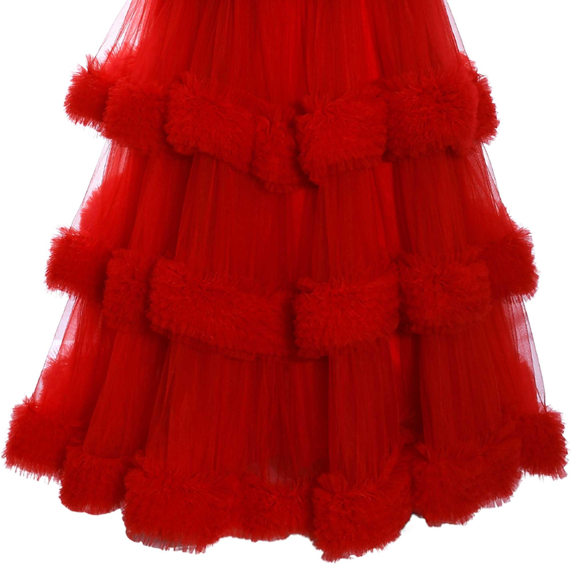 Red tiered dress with sheer tulle layers and fluffy red faux fur trim on each ruffle.