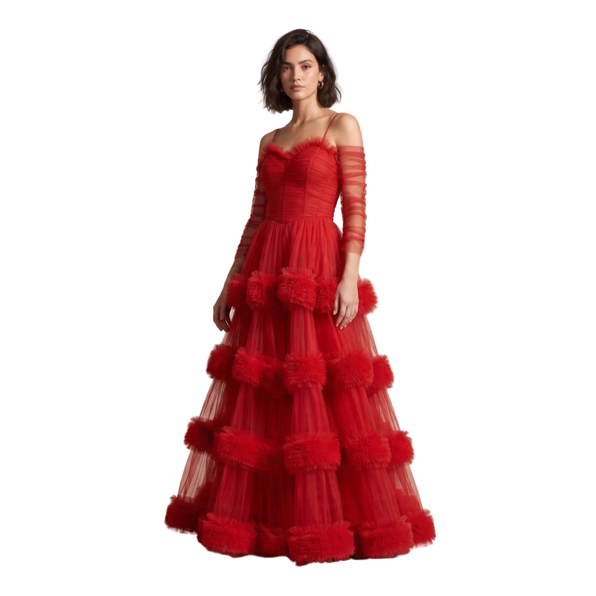 Red tiered tulle gown with off-shoulder sleeves, spaghetti straps, ruched bodice, and fluffy embellishments on the skirt.