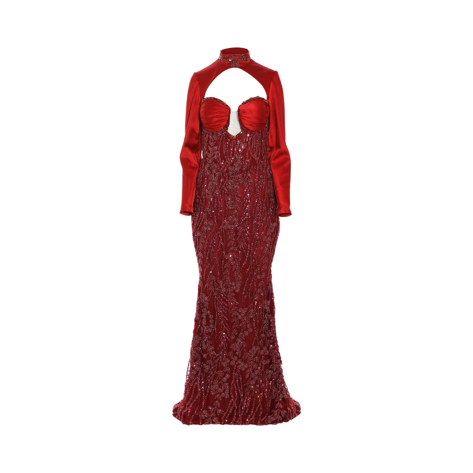 Red floor-length sequined gown with a sweetheart neckline. Paired with a separate long-sleeved bolero featuring a high mock n