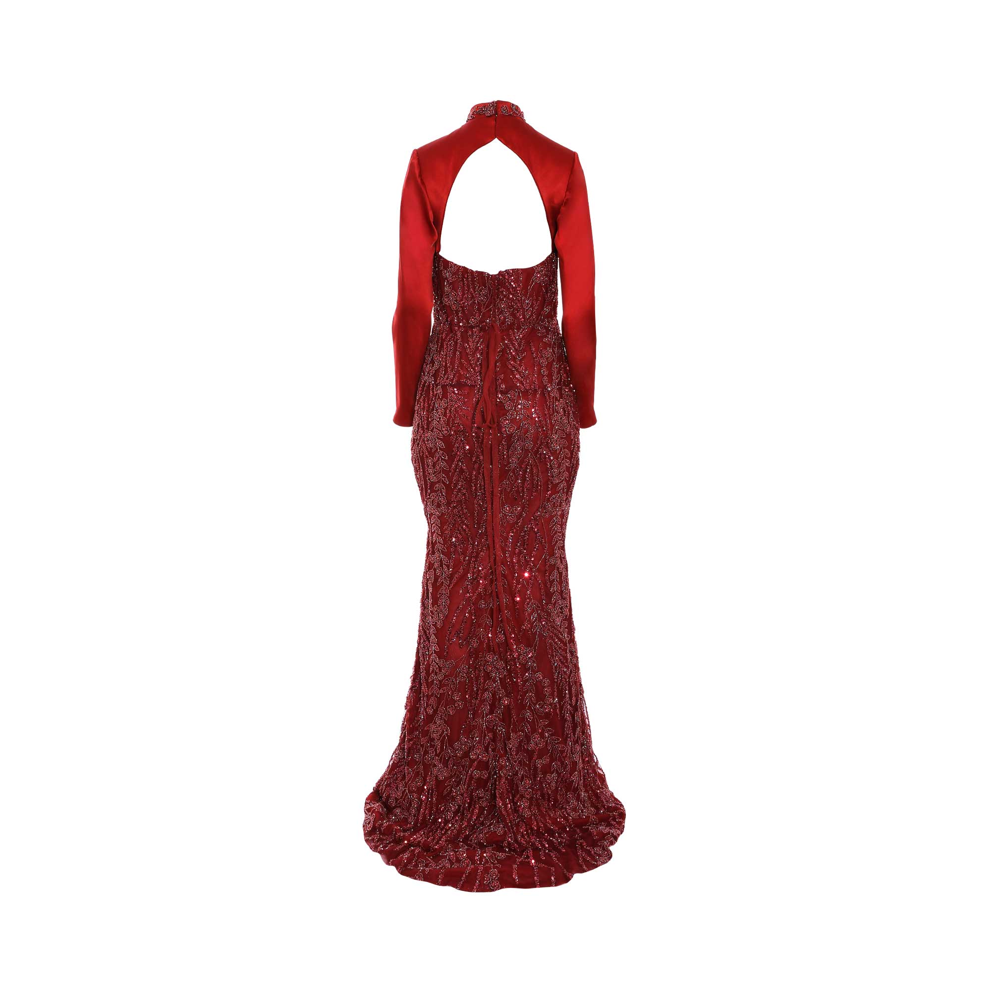 Red long-sleeved gown with high neck, open back. Fitted, floor-length, covered in red sequin and bead patterns. Lace-up back.