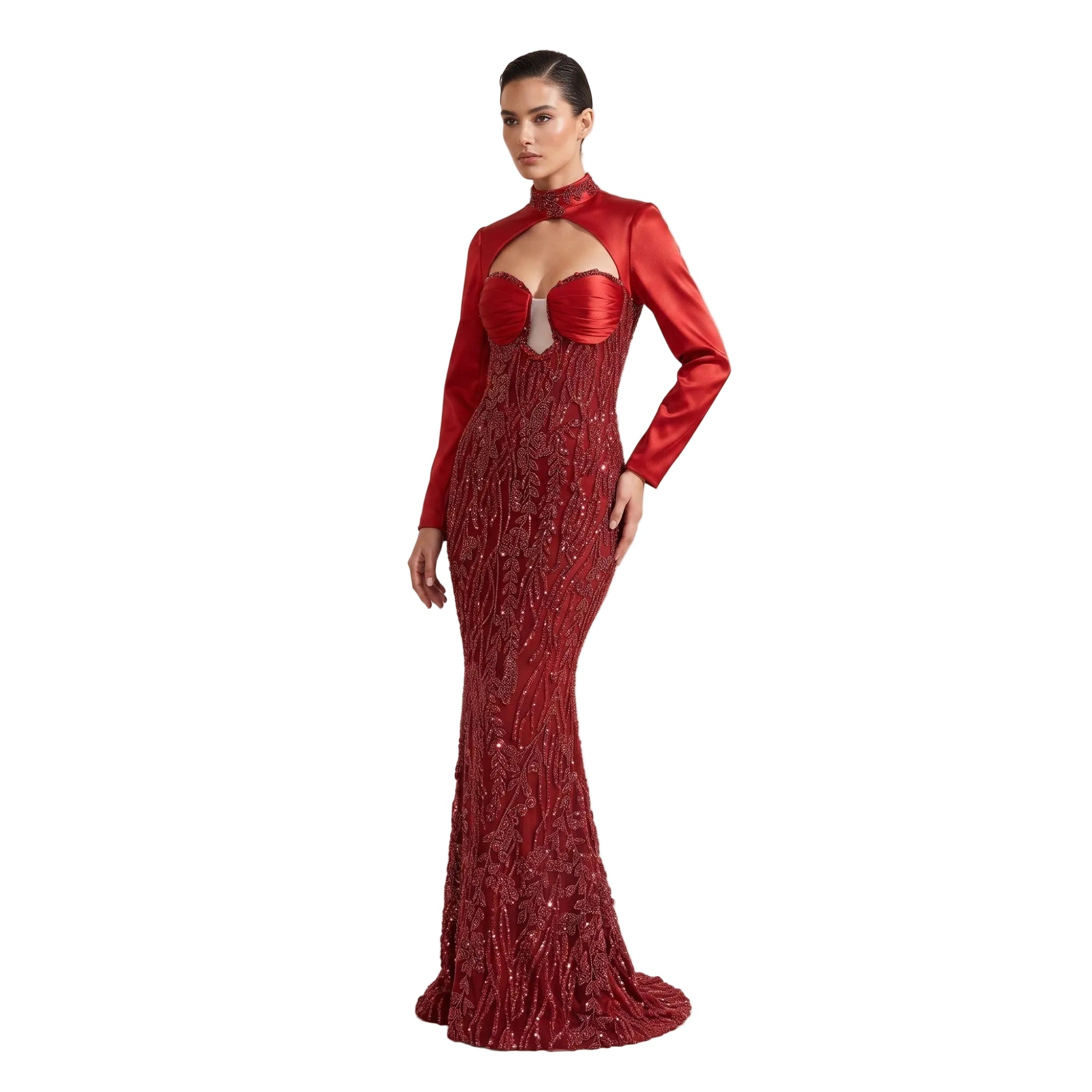 Red sequin-embellished mermaid gown with a high mock neck, long satin sleeves, cut-out bodice, and ruched bust detail.