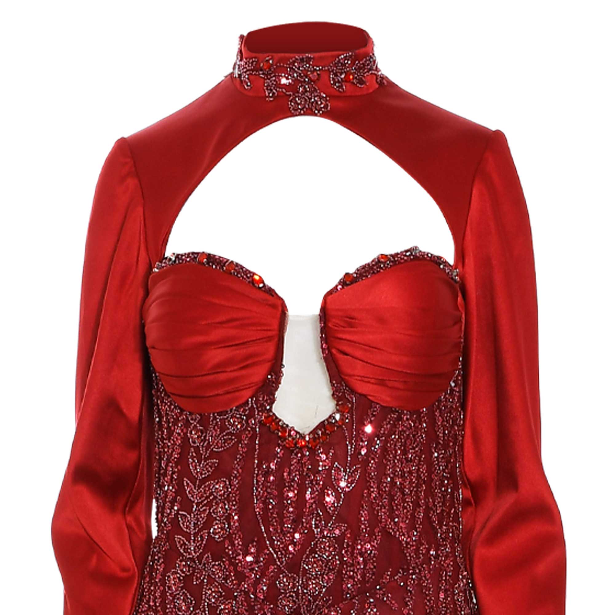 Red high-neck long-sleeve dress with a chest cut-out. Features a beaded collar, ruched bust, and a sequined, beaded floral bo