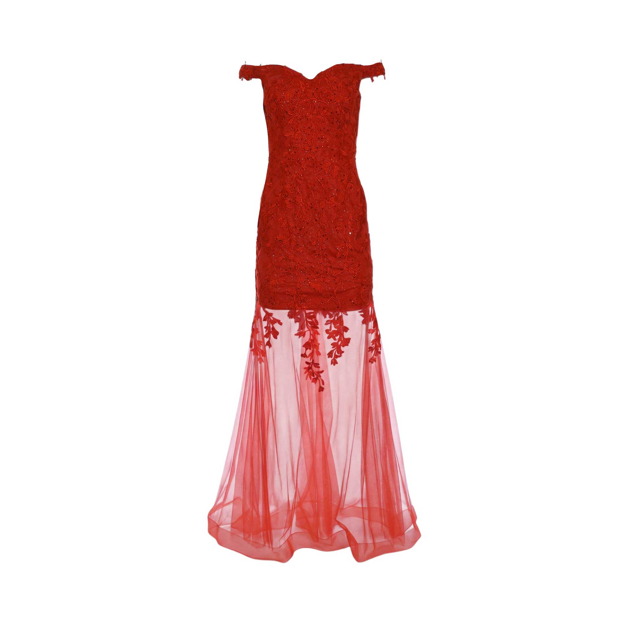 Red off-the-shoulder dress with a sweetheart neckline, fitted embroidered bodice, and a sheer tulle overlay skirt with floral