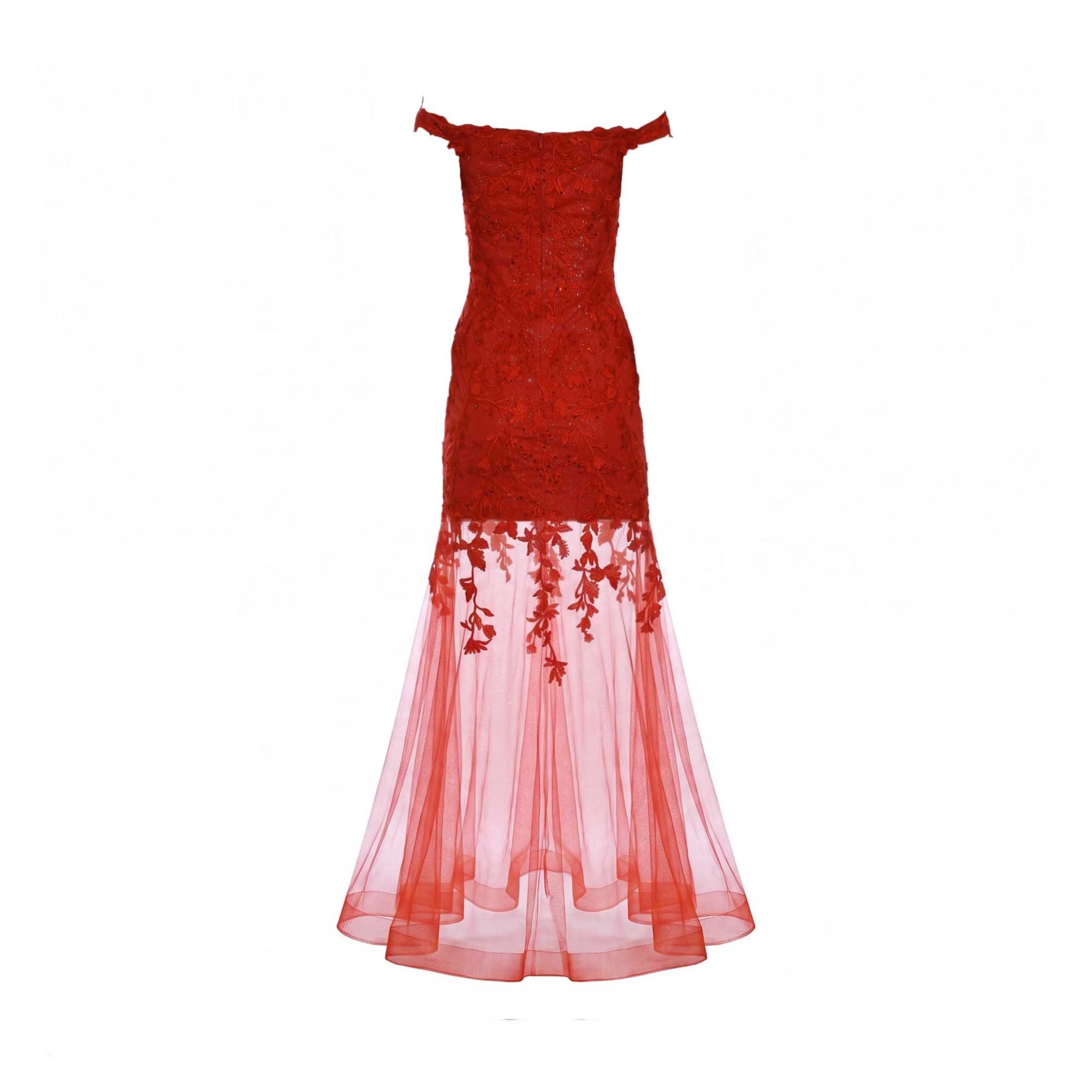 Red off-the-shoulder dress with a fitted lace bodice and upper skirt, flowing into a sheer tulle skirt with lace floral appli