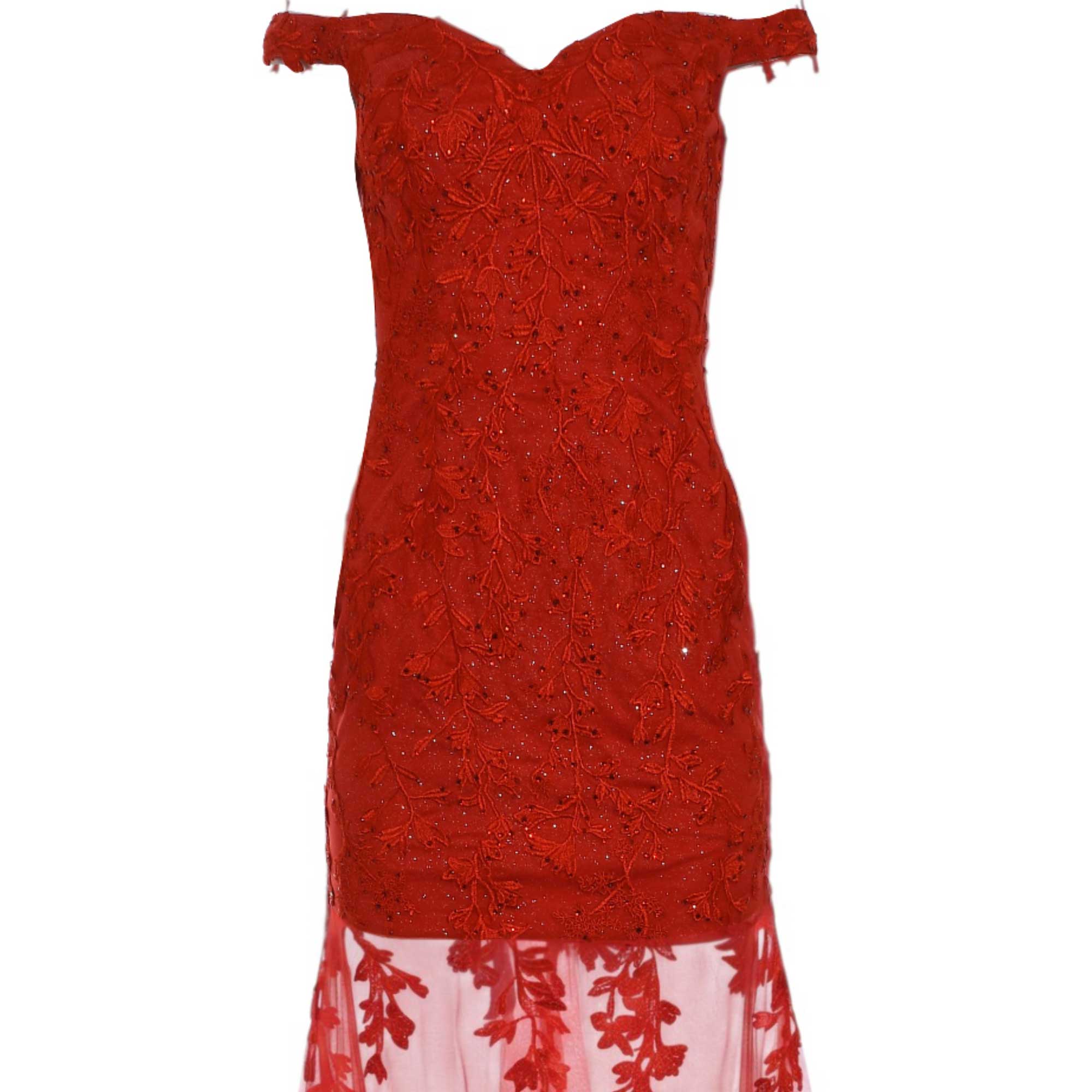 Red off-the-shoulder dress with sweetheart neckline, covered in floral lace and scattered sequins. Features a sheer, lace-app