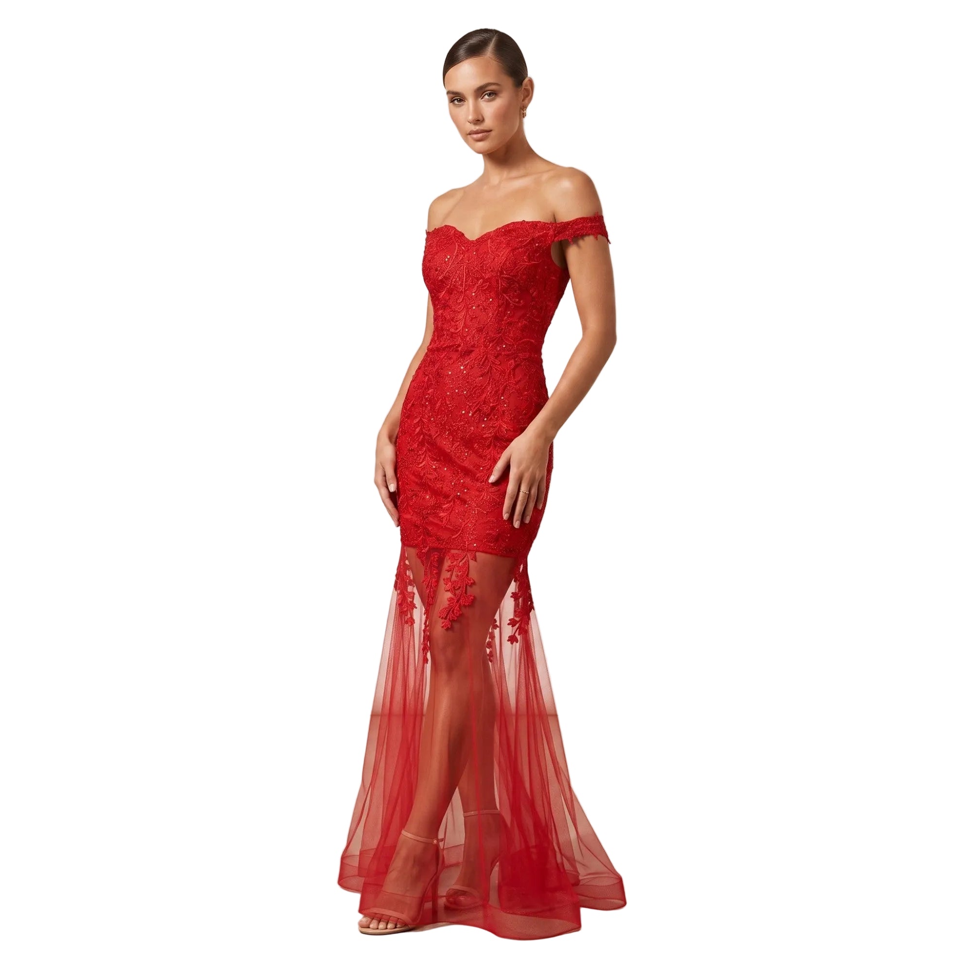 Red off-the-shoulder embroidered gown with sweetheart neckline, sequin details, and sheer tulle lower skirt with floral appli