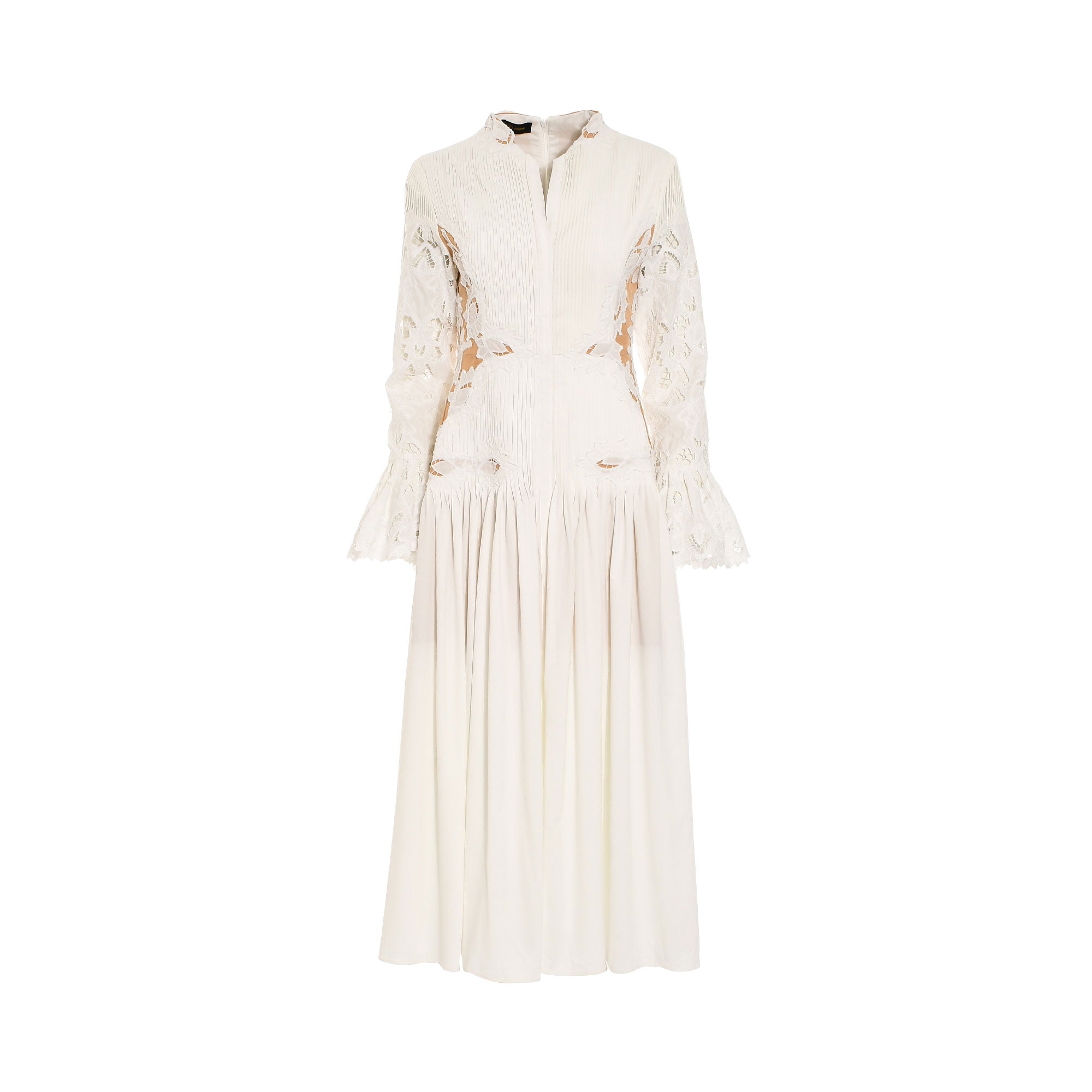 White maxi dress with a high collar, pleated bodice, long lace-paneled sleeves with bell cuffs, and waist cutouts.