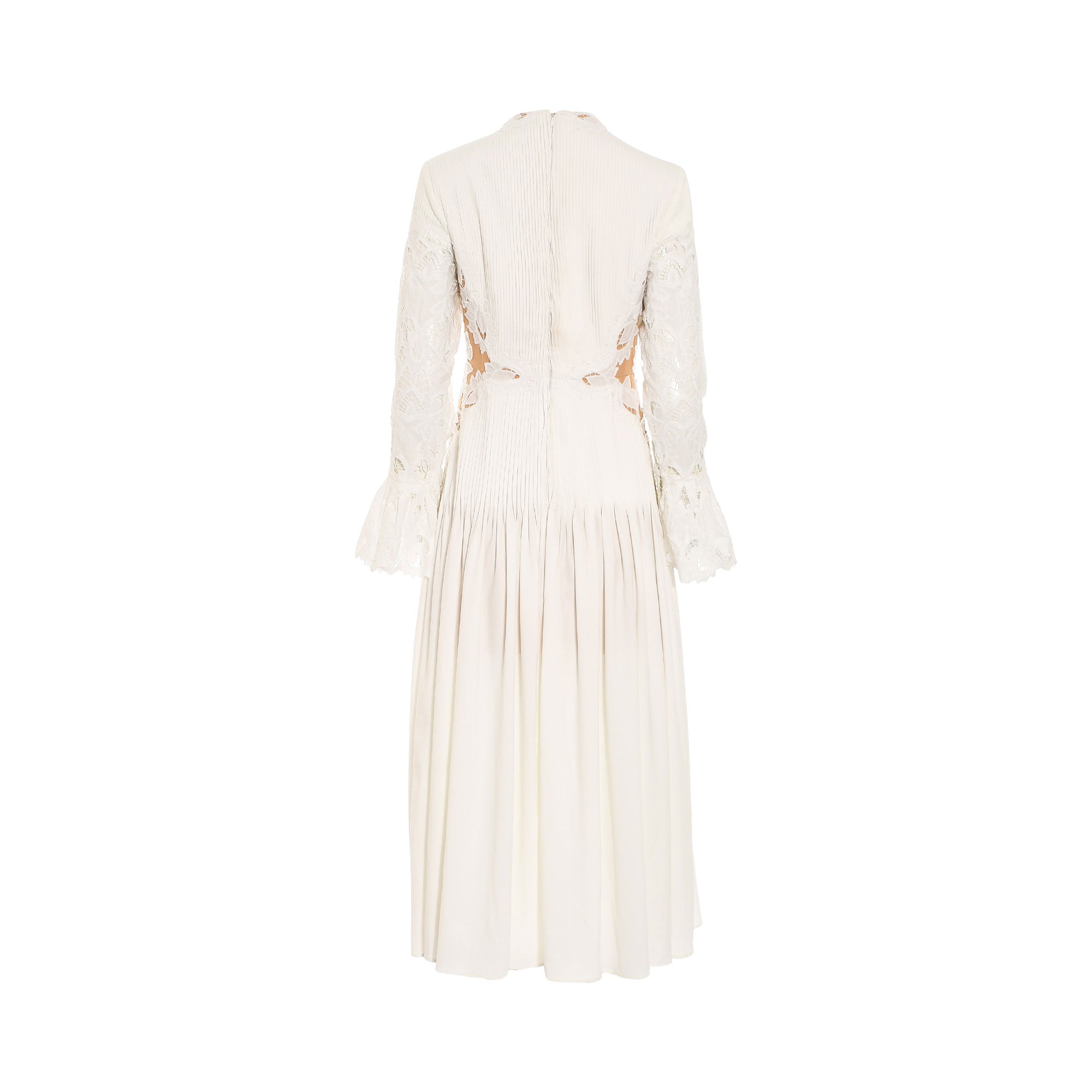 White maxi dress with a high neck, pleated bodice, and long bell sleeves with scalloped lace cuffs. Features lace inserts on