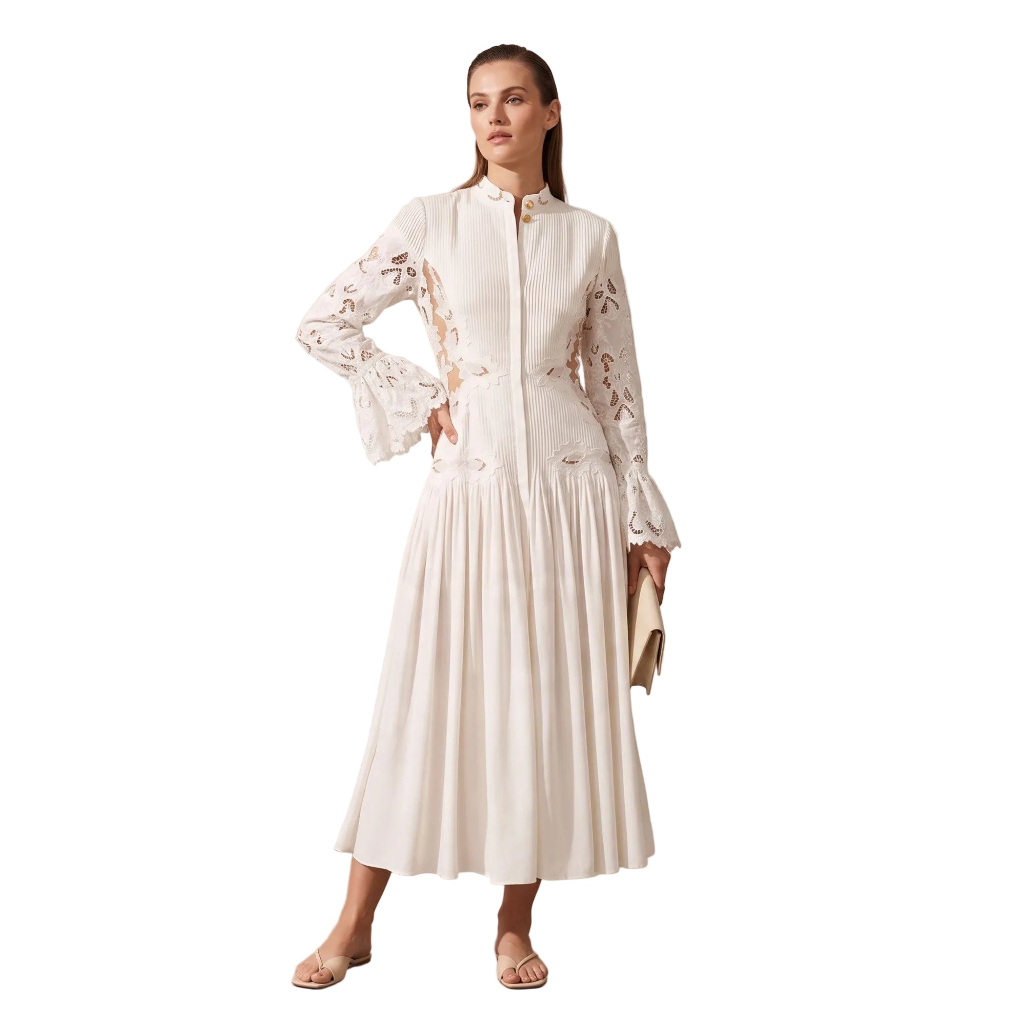 White midi dress with stand collar, long flared sleeves with cut-out lace, pleated skirt, and front button fastening.