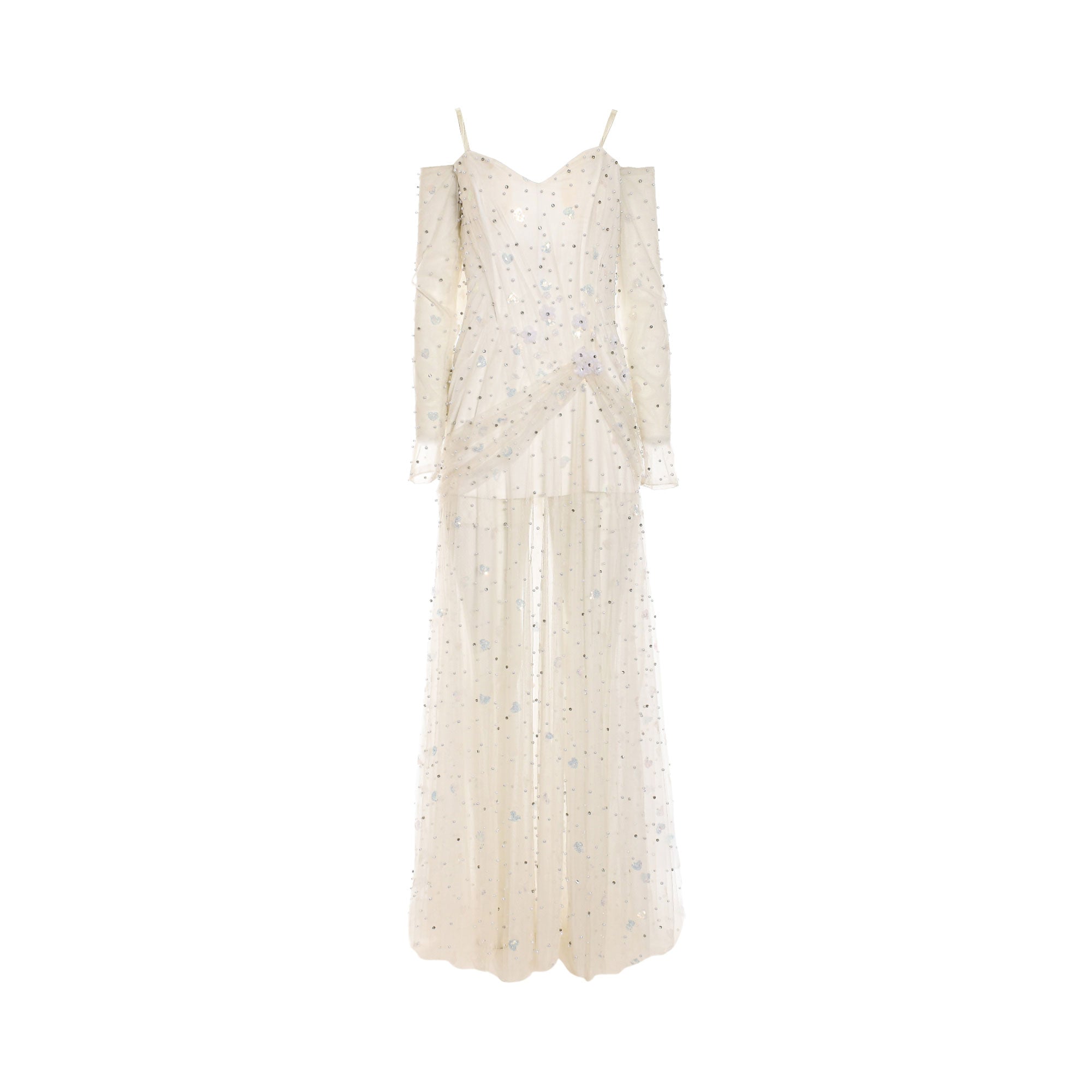 White sheer maxi dress with spaghetti straps, off-shoulder long sleeves, sweetheart neckline, and scattered silver-toned sequ