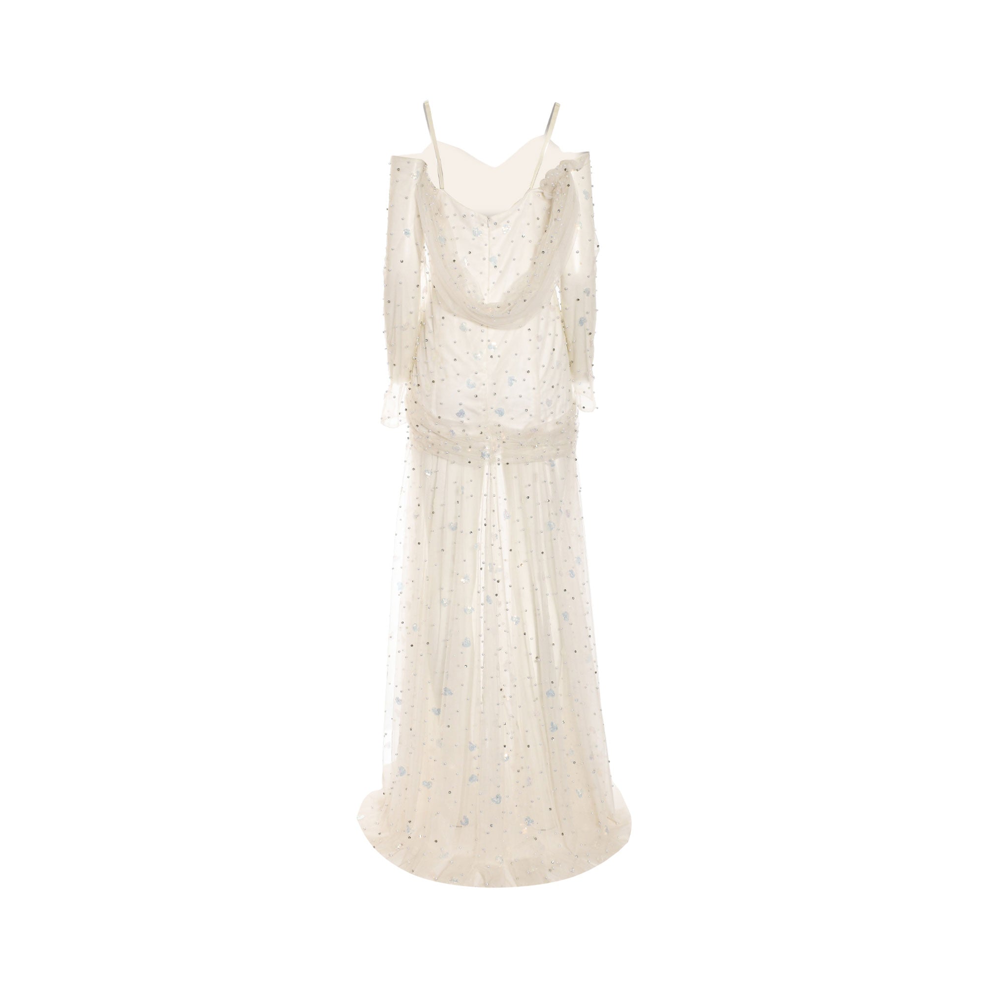 White sheer maxi dress with spaghetti straps, off-shoulder long sleeves, draped back, ruched waist, and scattered silver-tone