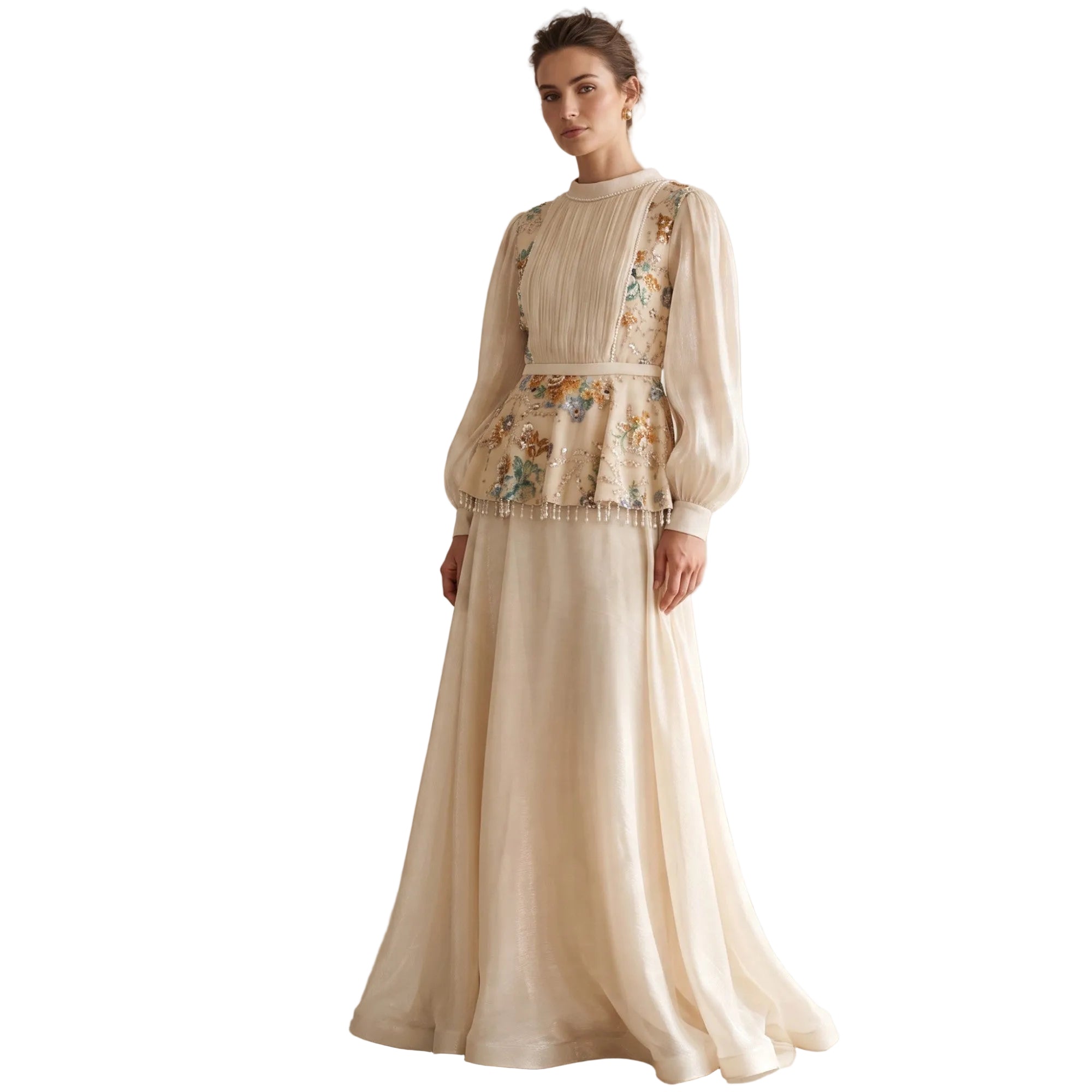 Beige top and skirt set. Top has a high neck, pleated bodice, voluminous sleeves, and a floral embroidered peplum with beaded