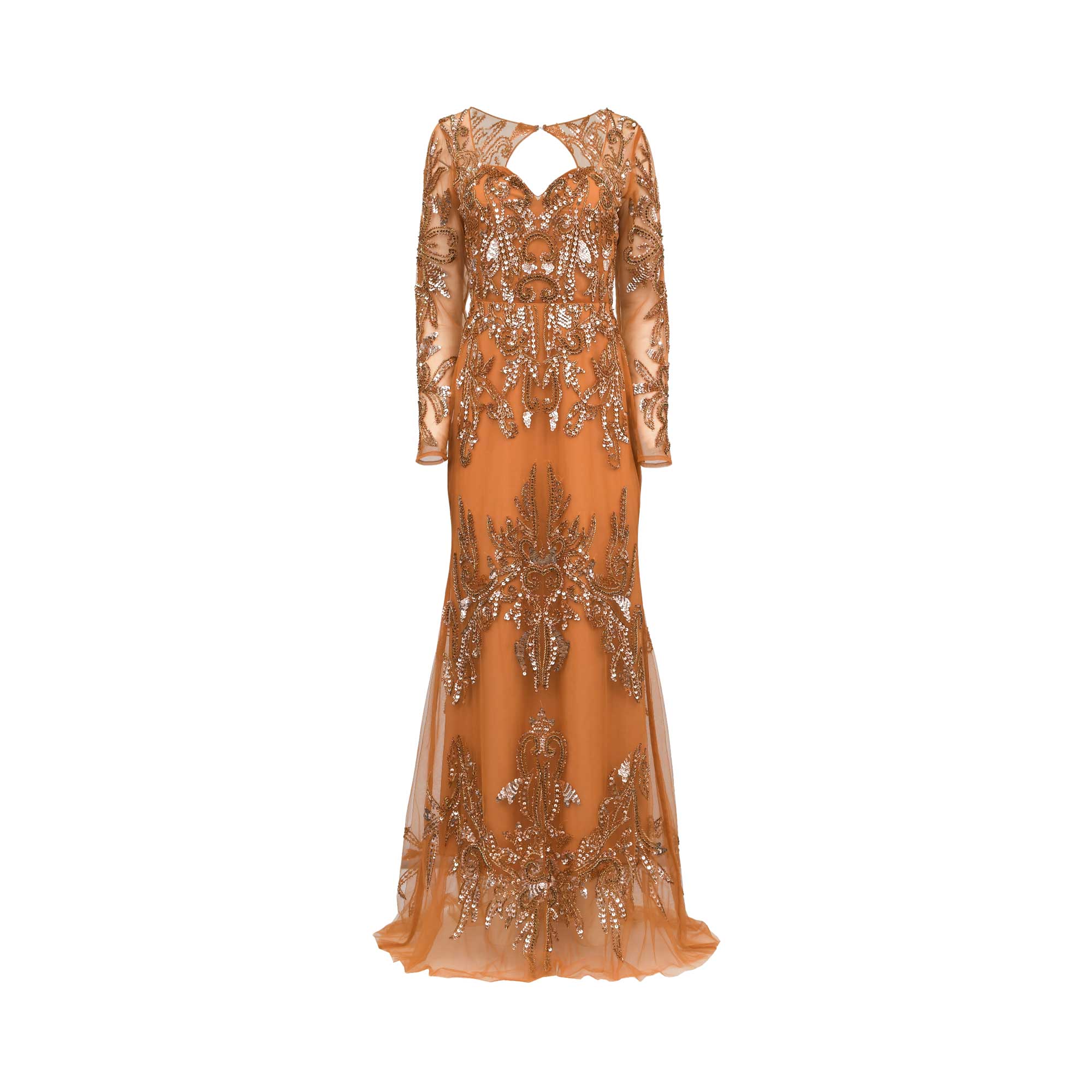 A floor-length orange gown with long sleeves, a V-neckline with a keyhole cutout at the back, and extensive gold sequin embroidery, shown against a plain white background.