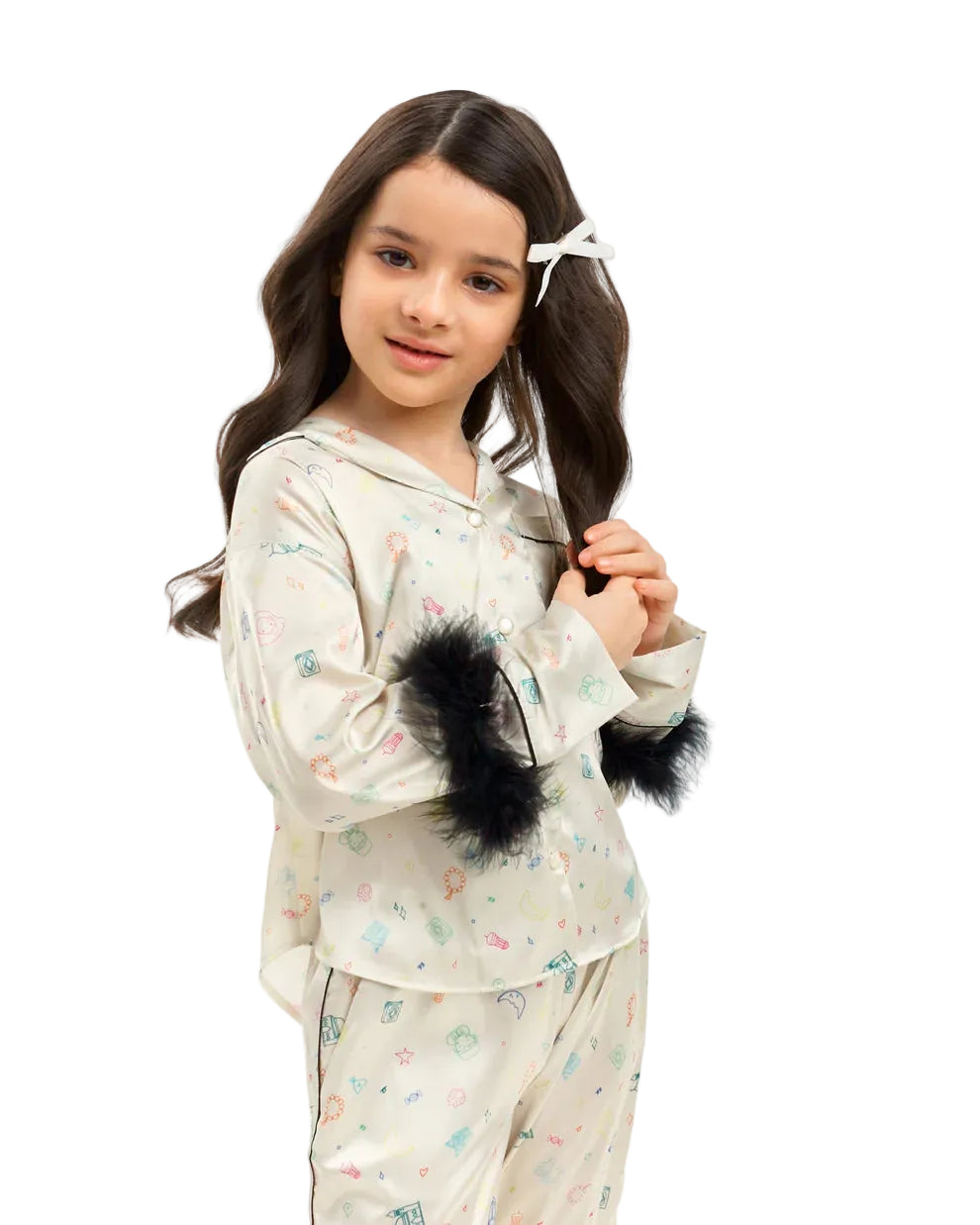 Katees Kids Girl's Silk Pajama Set – Luxe Fur Trim & Custom Print (2-Piece)