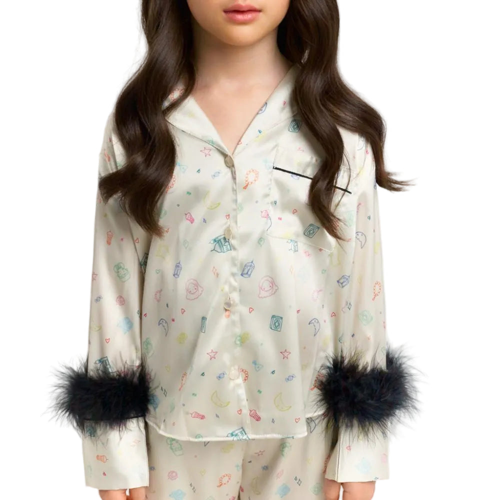 Katees Kids Girl's Silk Pajama Set – Luxe Fur Trim & Custom Print (2-Piece)
