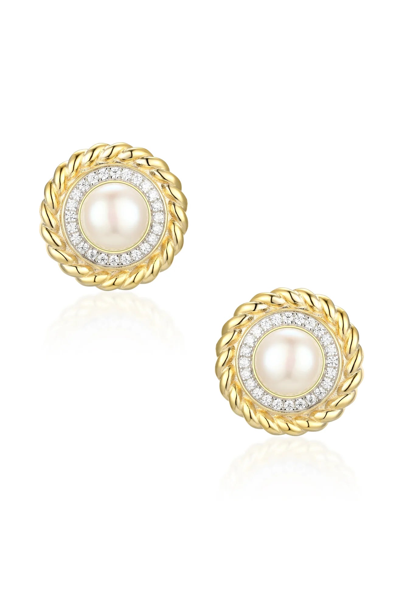 Pair of round gold-plated silver stud earrings with a twisted border, each featuring a central cream freshwater pearl surroun