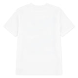 White Abercrombie & Fitch kids graphic T-shirt with racing car illustration, bold blue text print, short sleeves, and classic crew neckline.