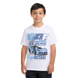 White Abercrombie & Fitch kids graphic T-shirt with racing car illustration, bold blue text print, short sleeves, and classic crew neckline.