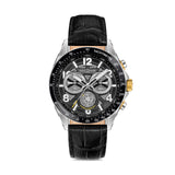Saint Honore men's chronograph watch with a silver-toned metal case, black dial, gold-toned pushers, and a black crocodile-em