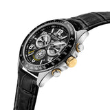 Silver-toned watch with black croc-embossed leather strap, black bezel, and black textured dial with silver/yellow accents. G