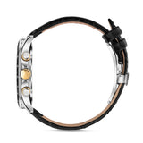 Silver-toned watch with black textured leather strap. It has a black bezel and three side buttons, including a gold-toned cro