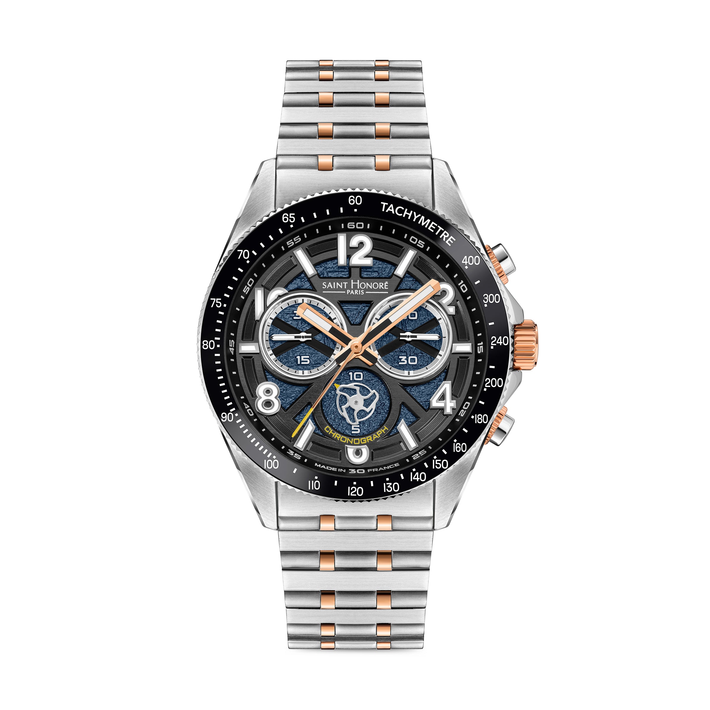 Saint Honore chronograph watch with a silver-toned case, black bezel, and a silver and rose gold-toned metal bracelet.
