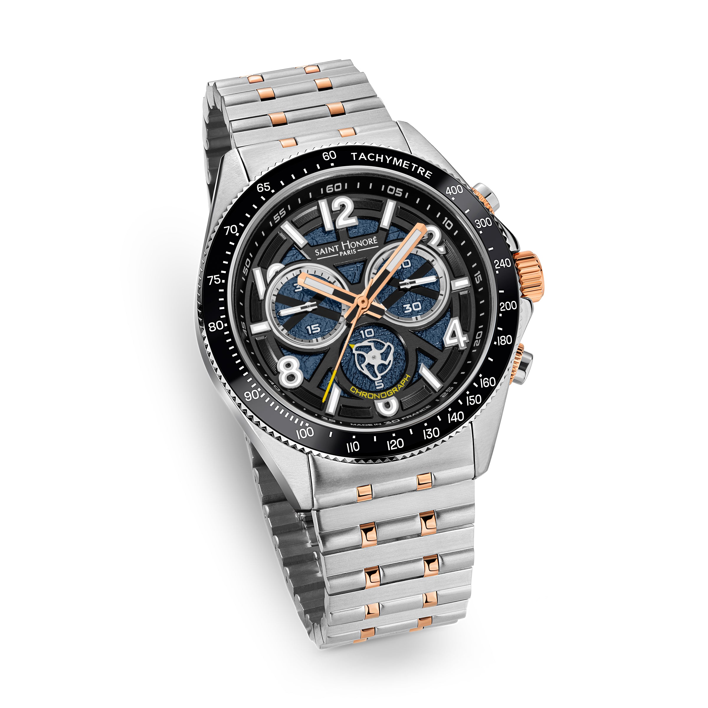 Silver-toned watch with black bezel, black and blue dial, gold-toned hands, and a two-tone silver and gold-toned bracelet.