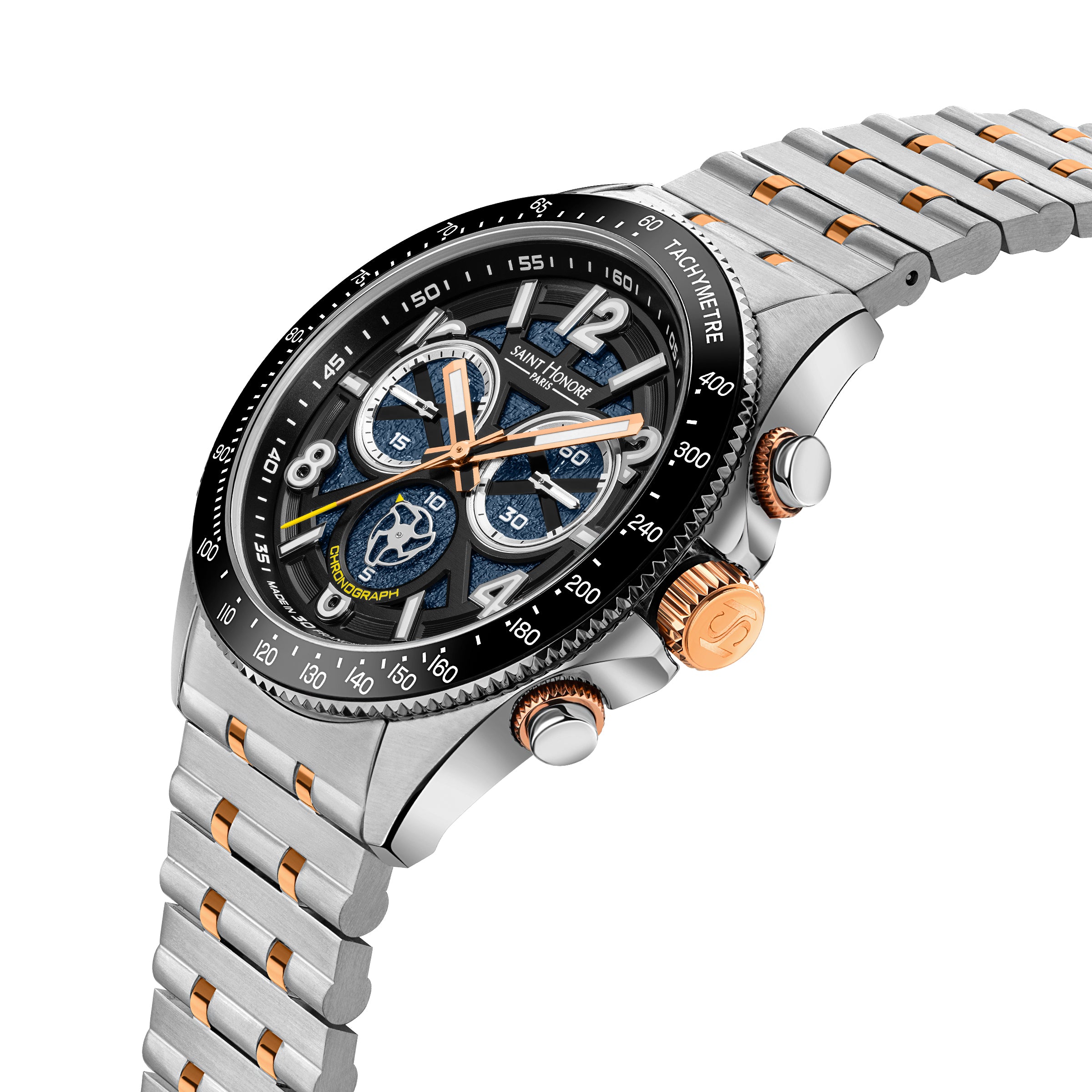 Silver-toned watch with black bezel, black and blue textured dial, gold-toned hands/markers, and a two-tone silver and gold-t