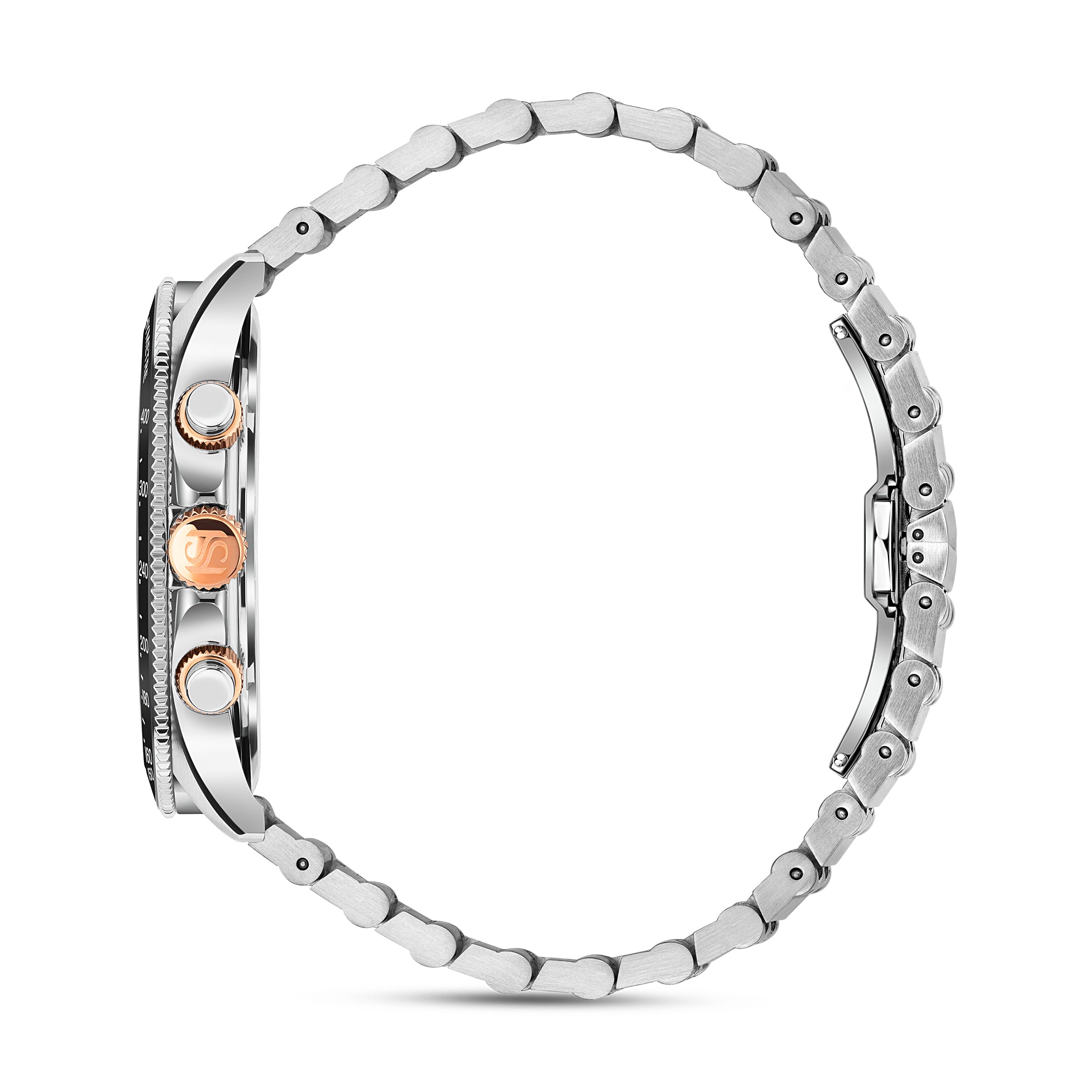 Silver-toned watch with a black bezel, three side pushers (one gold-toned with 'S' logo), and a silver-toned chain-link band.