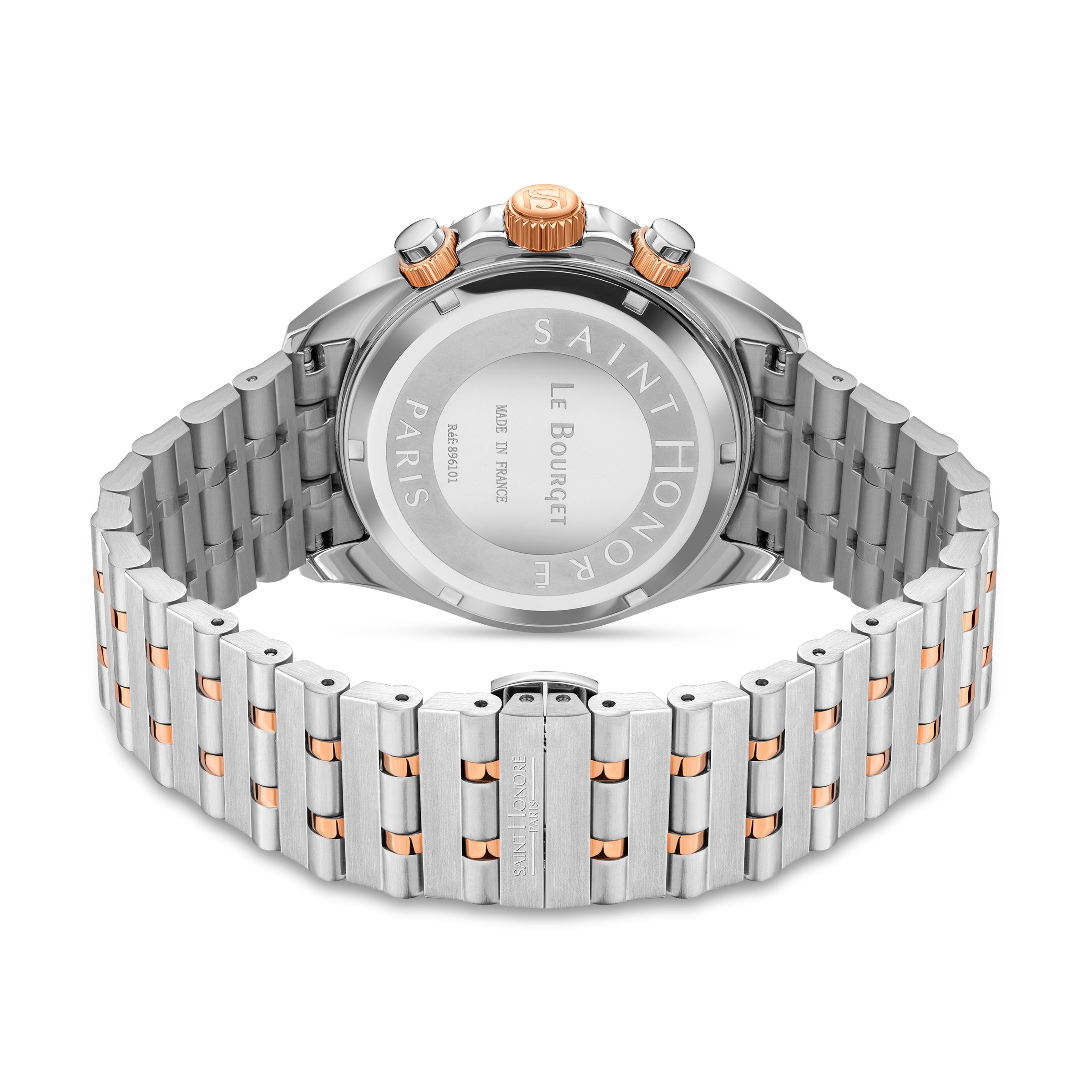 Silver-toned watch with a metal link bracelet featuring rose gold-toned accents. The case back is visible, along with rose go