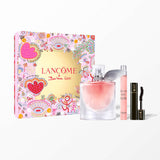 Lancôme La Vie Est Belle perfume gift set with a large pink perfume bottle, a smaller pink rollerball, a black mascara, and a