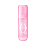 Pink translucent cylindrical bottle of Lancome O Oui Juicy Hair & Body Mist with a matching pink cap.