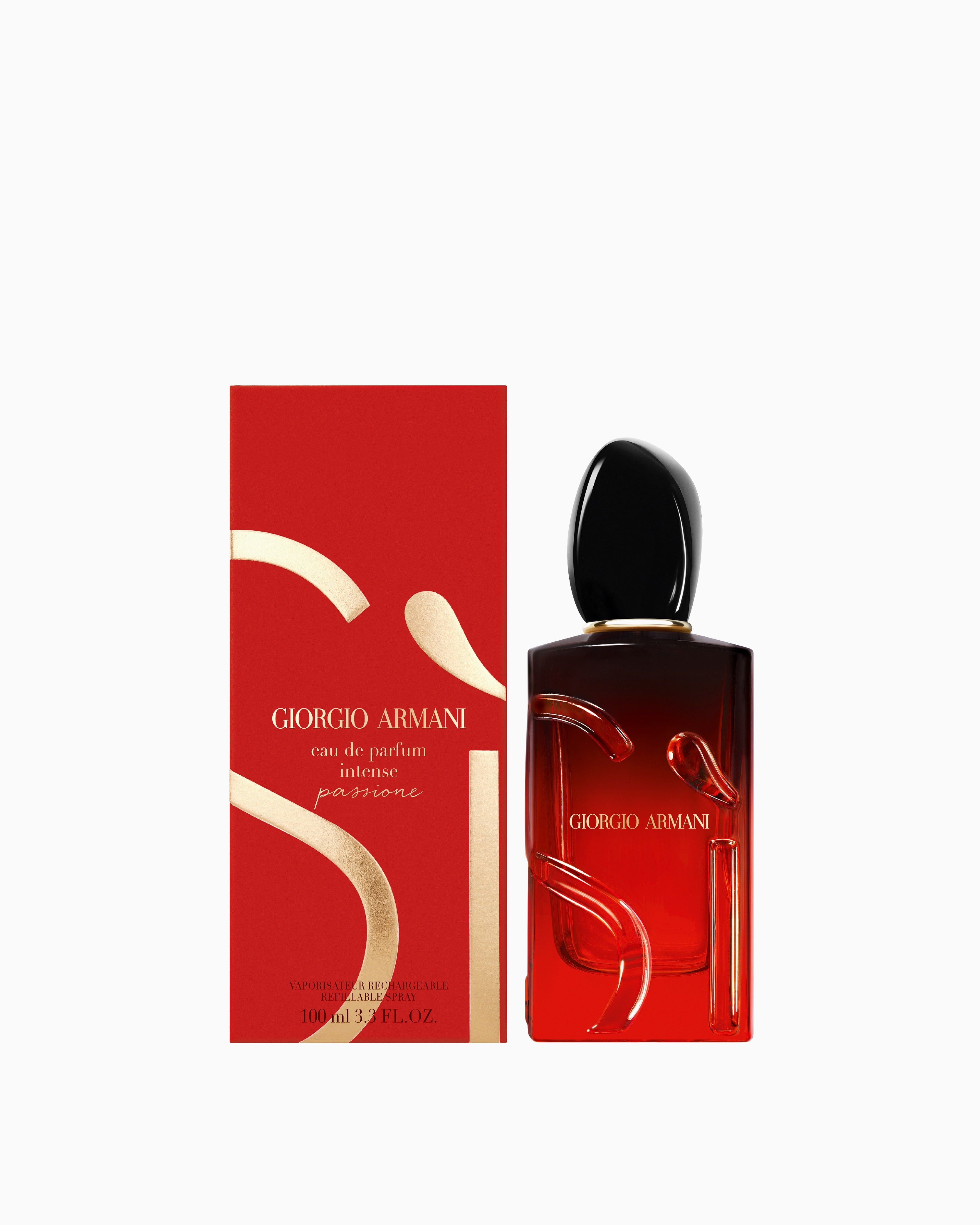 Red ombre glass perfume bottle with raised 'Si' design, black cap, gold-toned neck ring, and a matching red box with gold-ton
