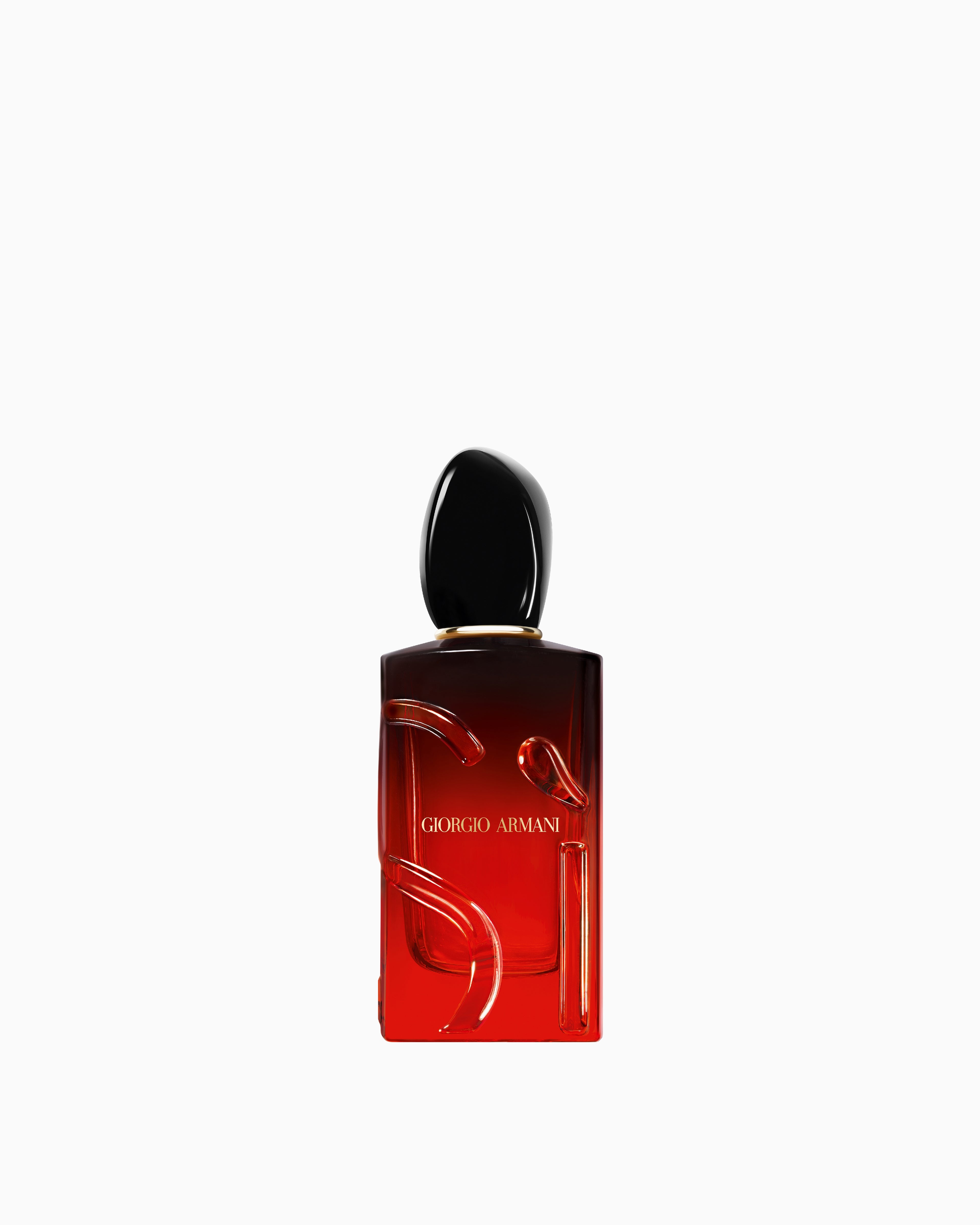 Red and black Giorgio Armani Si Passione Intense Eau de Parfum bottle with a glossy black cap and raised clear design.