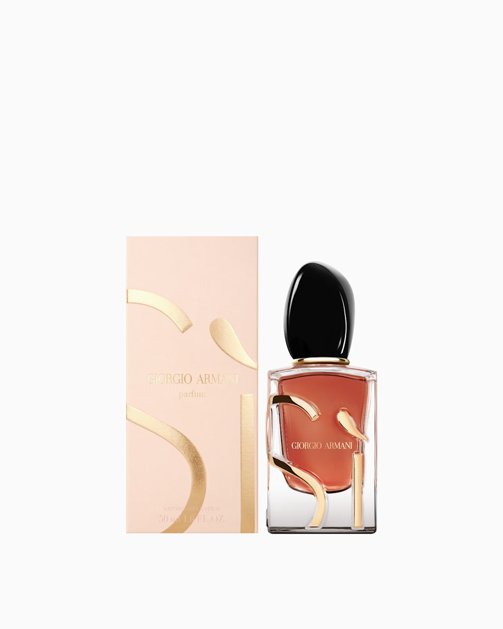 Giorgio Armani Si Parfum 50ml bottle with amber liquid, gold-toned abstract design, and a black irregular cap, next to its li