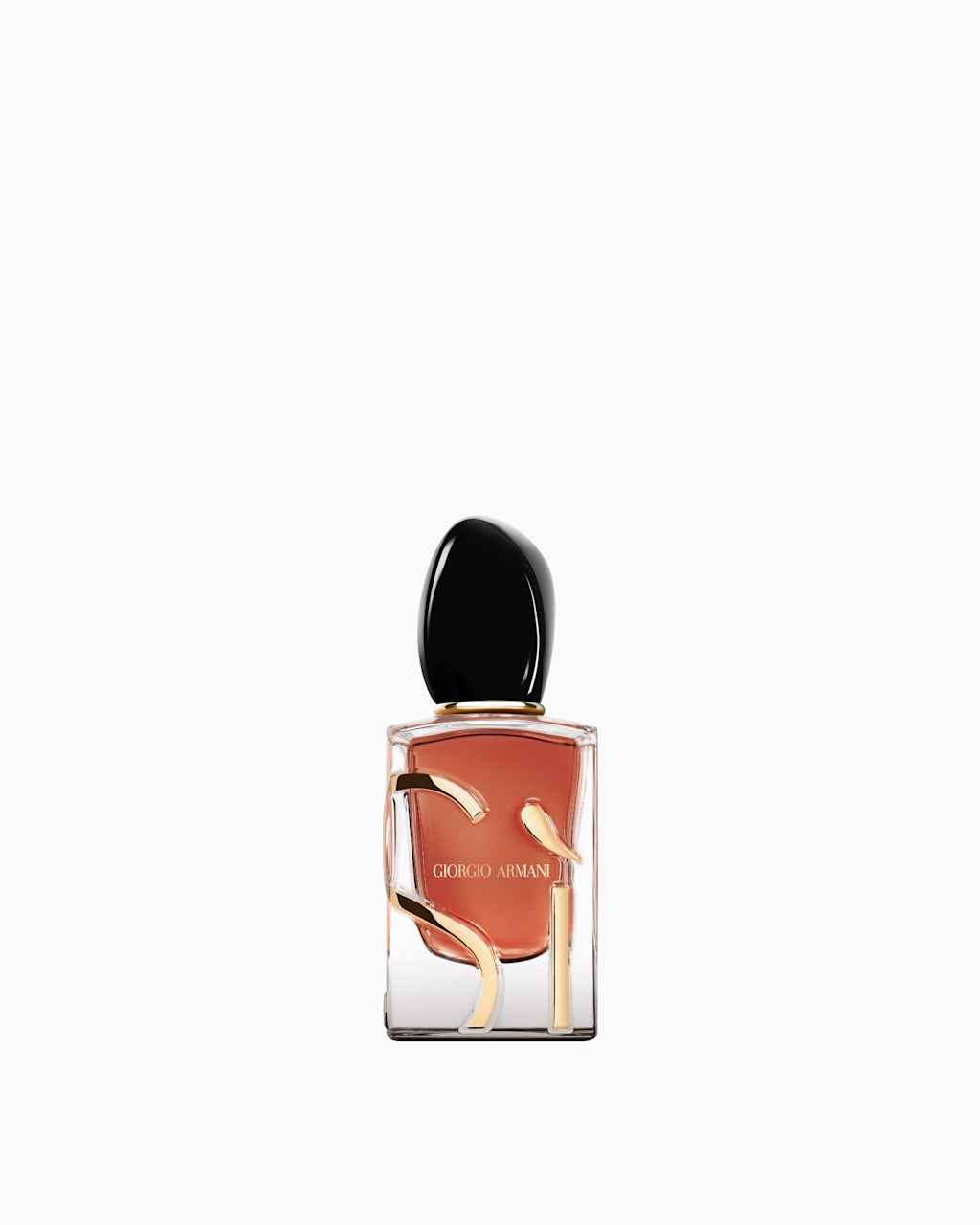 Clear rectangular perfume bottle with reddish-brown liquid, black rounded cap, and gold-toned wavy 'S' design on front with '
