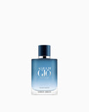 Frosted blue rectangular perfume bottle, fading to clear, with a dark blue cap and silver-toned band. ACQUA DI GIO PROFONDO.