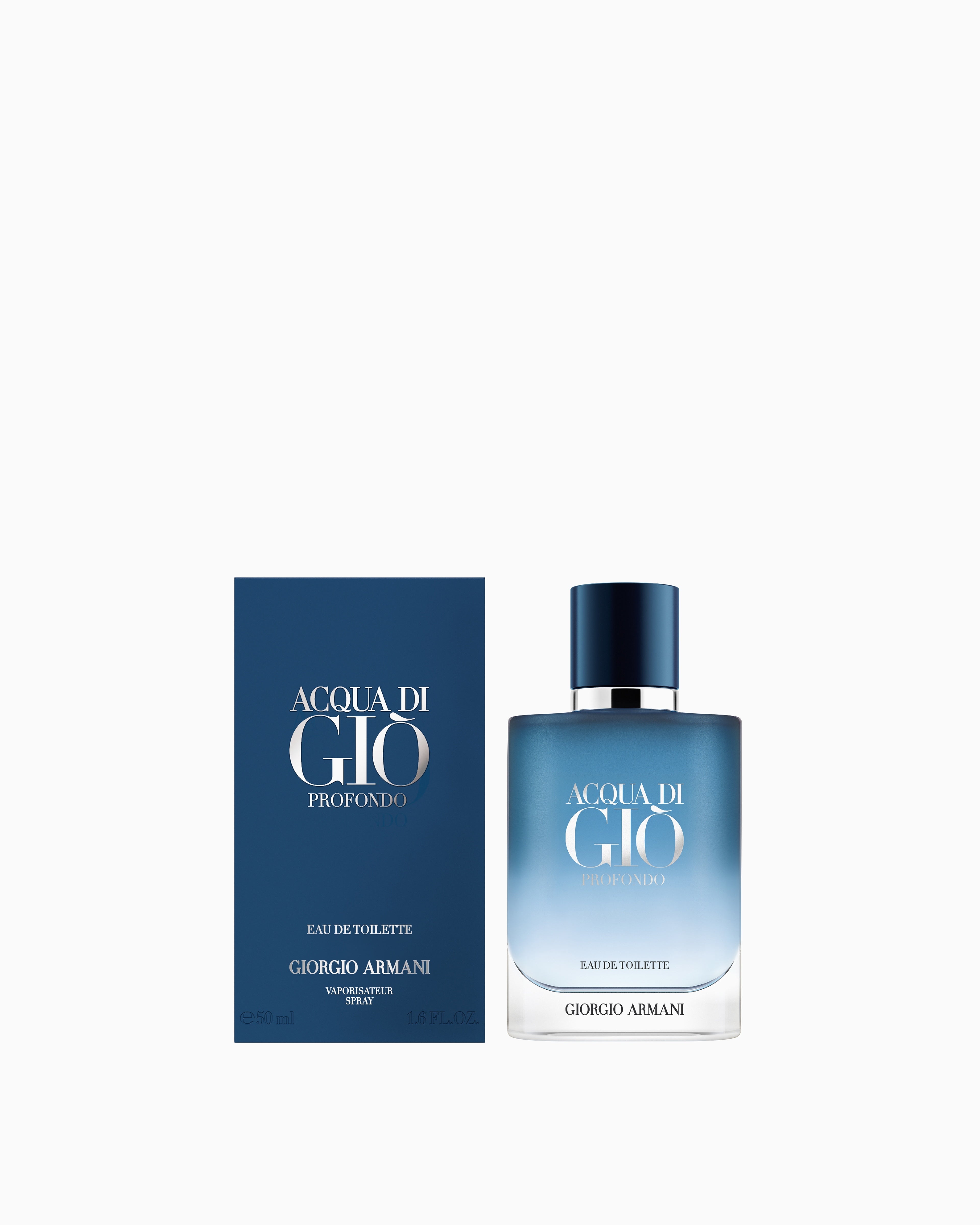 Dark blue capped perfume bottle with silver-toned band, liquid fading from dark to light blue. Next to a matching dark blue b