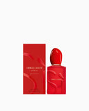 Red Giorgio Armani Sì Passione Red Bloom EDP 50ml perfume bottle with a rounded cap and matching rectangular box.