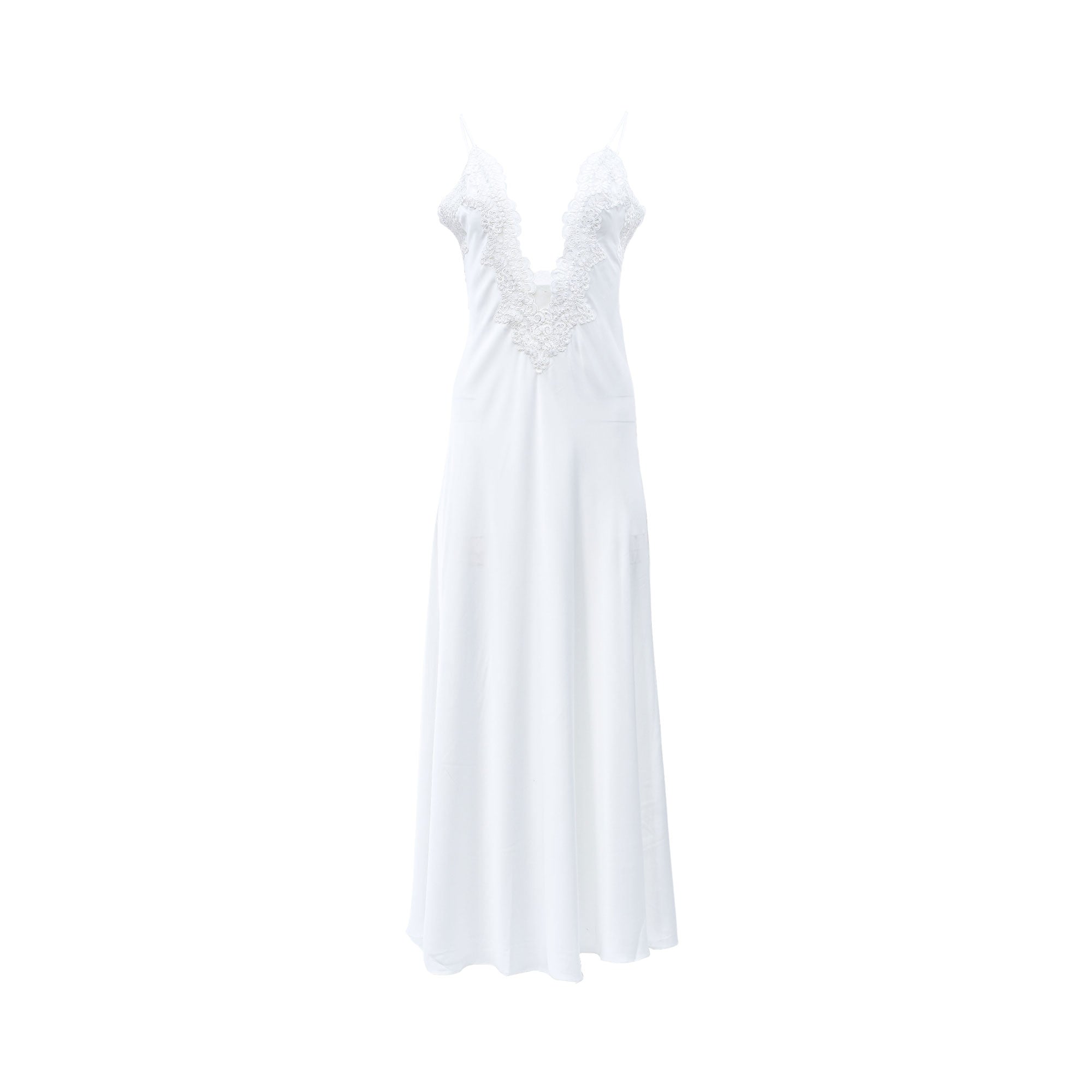 White Lea women's satin long nightdress with spaghetti straps and intricate white lace trim on the deep V-neckline.