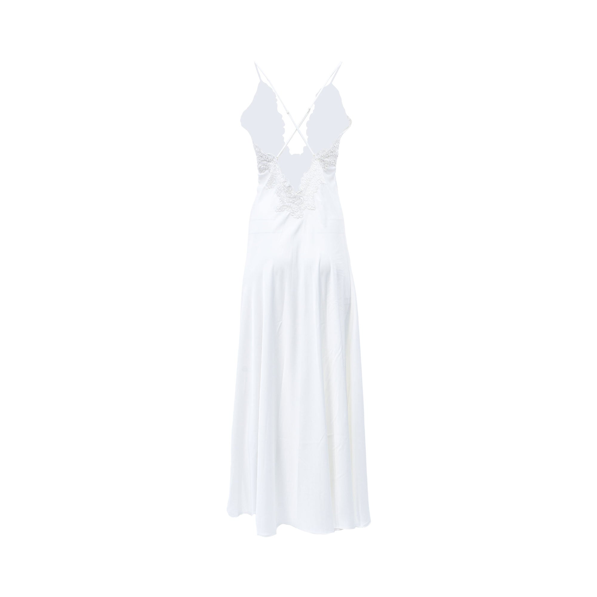 White satin long nightdress with thin criss-cross straps and an intricate white lace panel on the upper back.