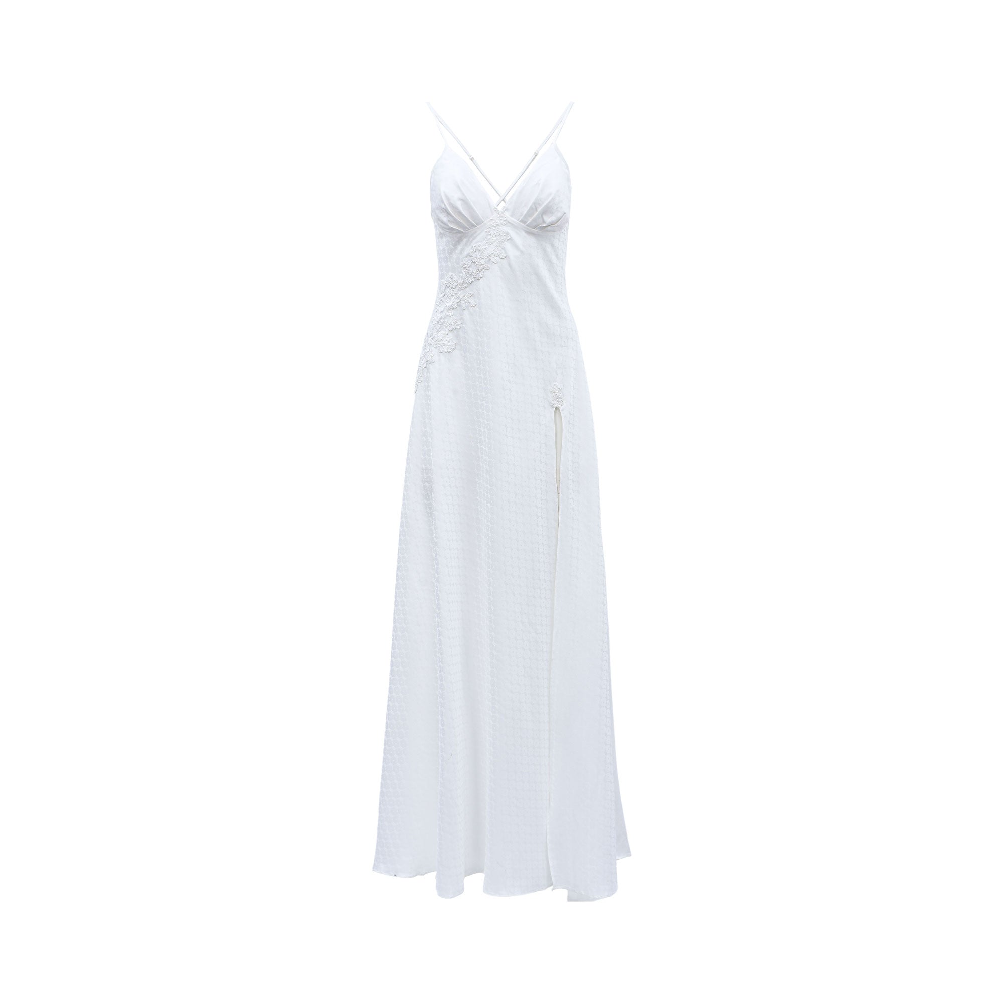 Ivory long satin jacquard dress with spaghetti straps, V-neckline, side slit, and floral embroidery on the bodice.