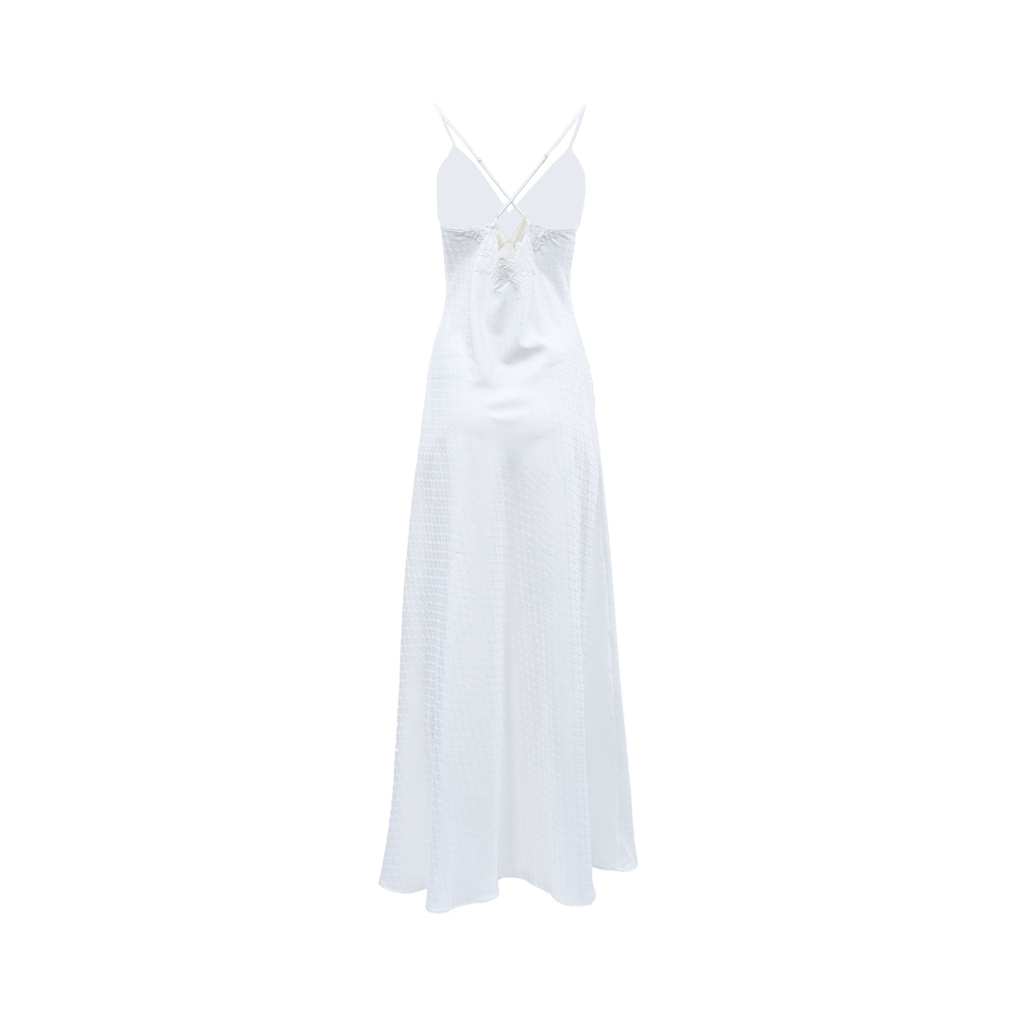 Ivory long satin jacquard dress, back view. Features criss-cross spaghetti straps and lace embroidery on the upper back.