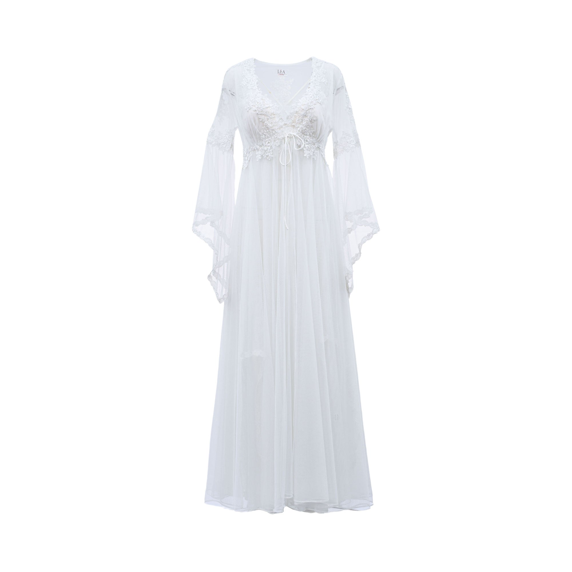 Ivory chiffon and embroidery long dress with a V-neck, drawstring waist, and wide, flared sleeves.
