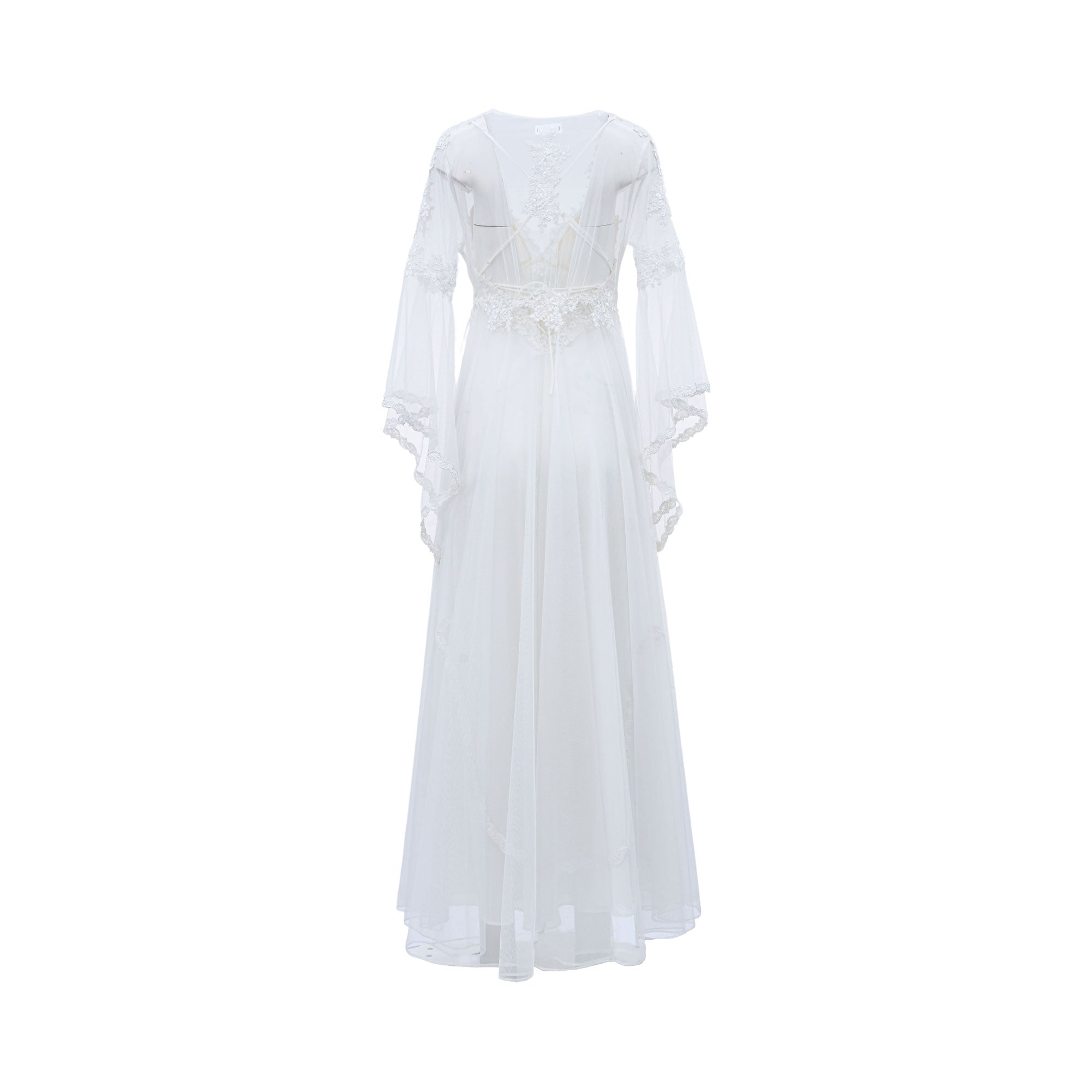 Ivory long chiffon set with bell sleeves, lace, and floral embroidery. Features a V-back and lace-up waist.