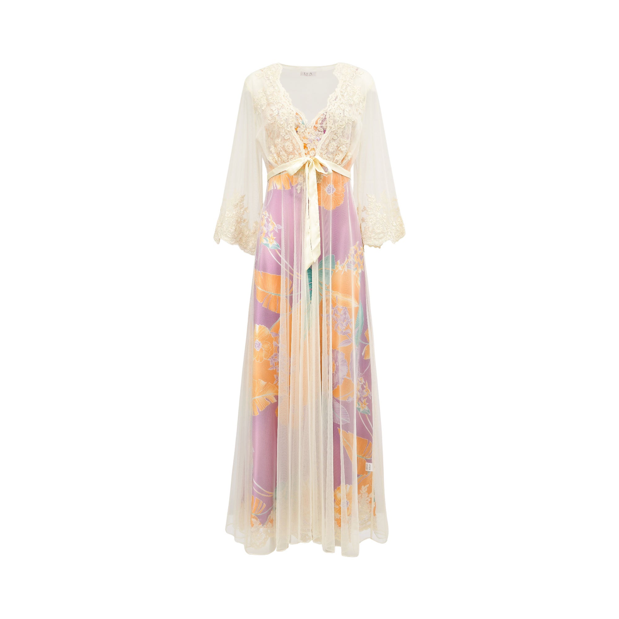 Long purple satin dress with orange and teal floral print, under a sheer cream robe with lace trim and a tied waist ribbon.