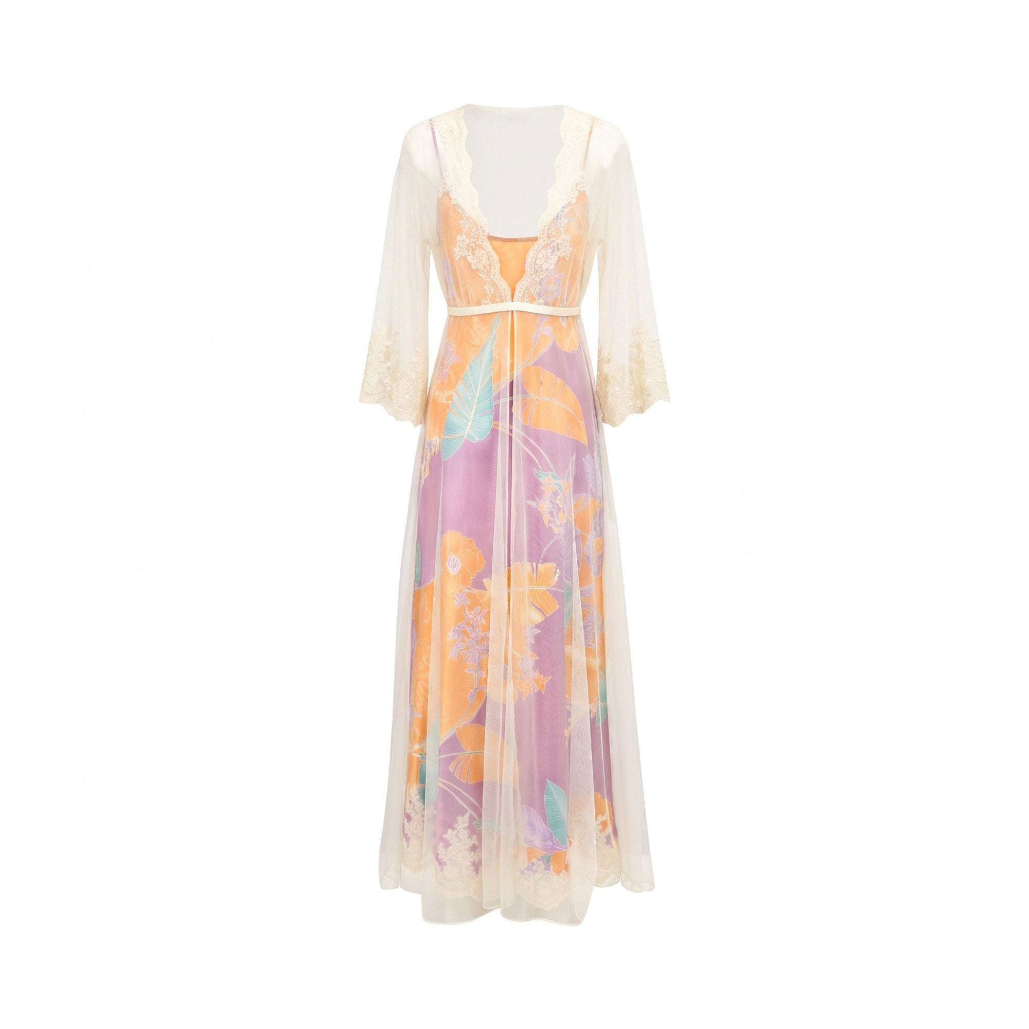 Purple and orange floral satin long dress with a sheer cream robe, lace trim on neckline, cuffs, and hem, plus a tie belt.