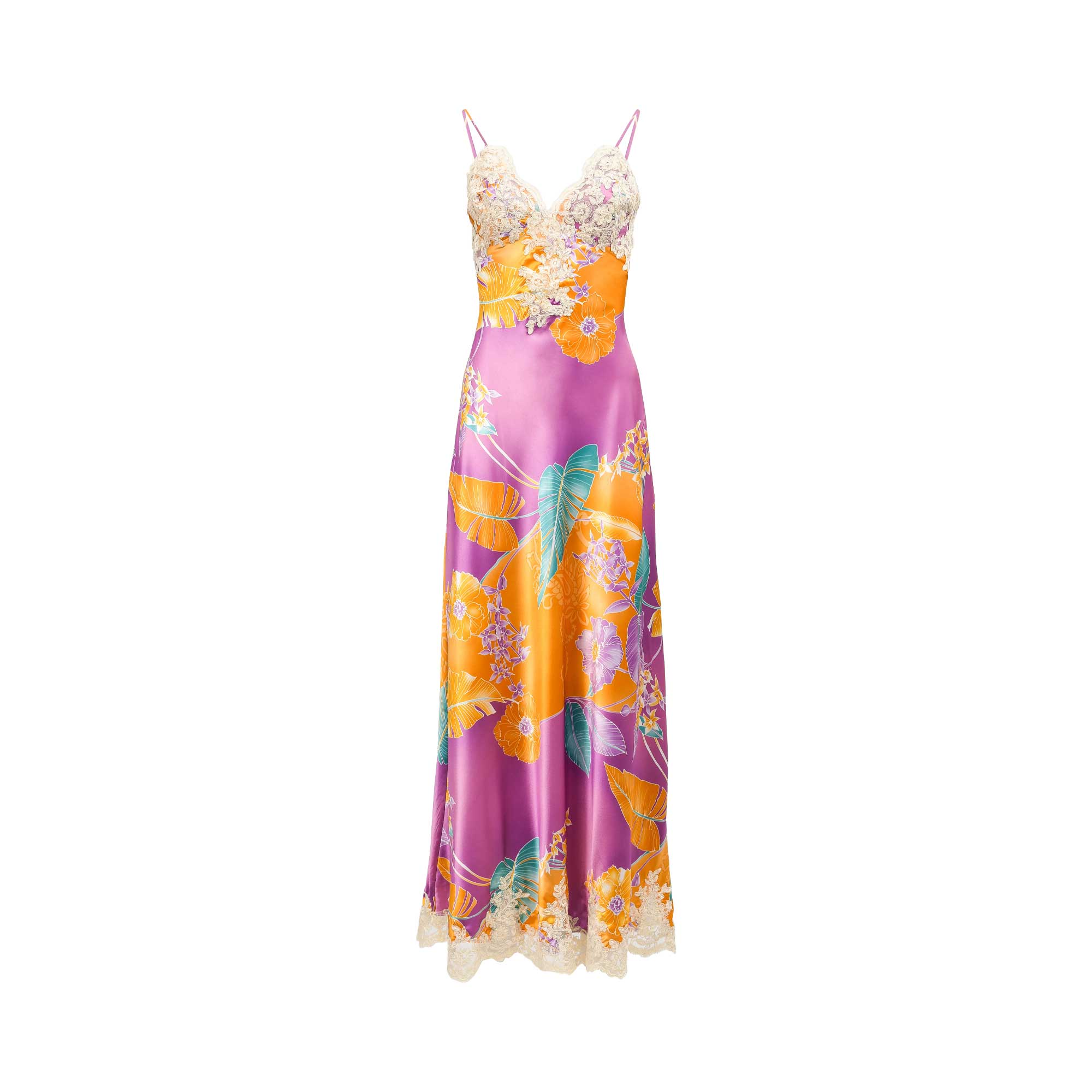 Purple and orange satin long slip dress with floral print, white lace V-neck, and lace trim at the hem.