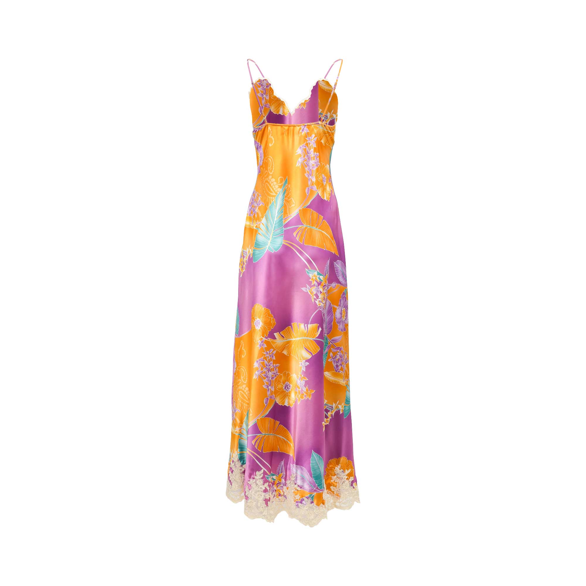 Satin long slip dress with purple and orange tropical floral print and embroidery, scalloped lace V-neck, and cream lace hem.